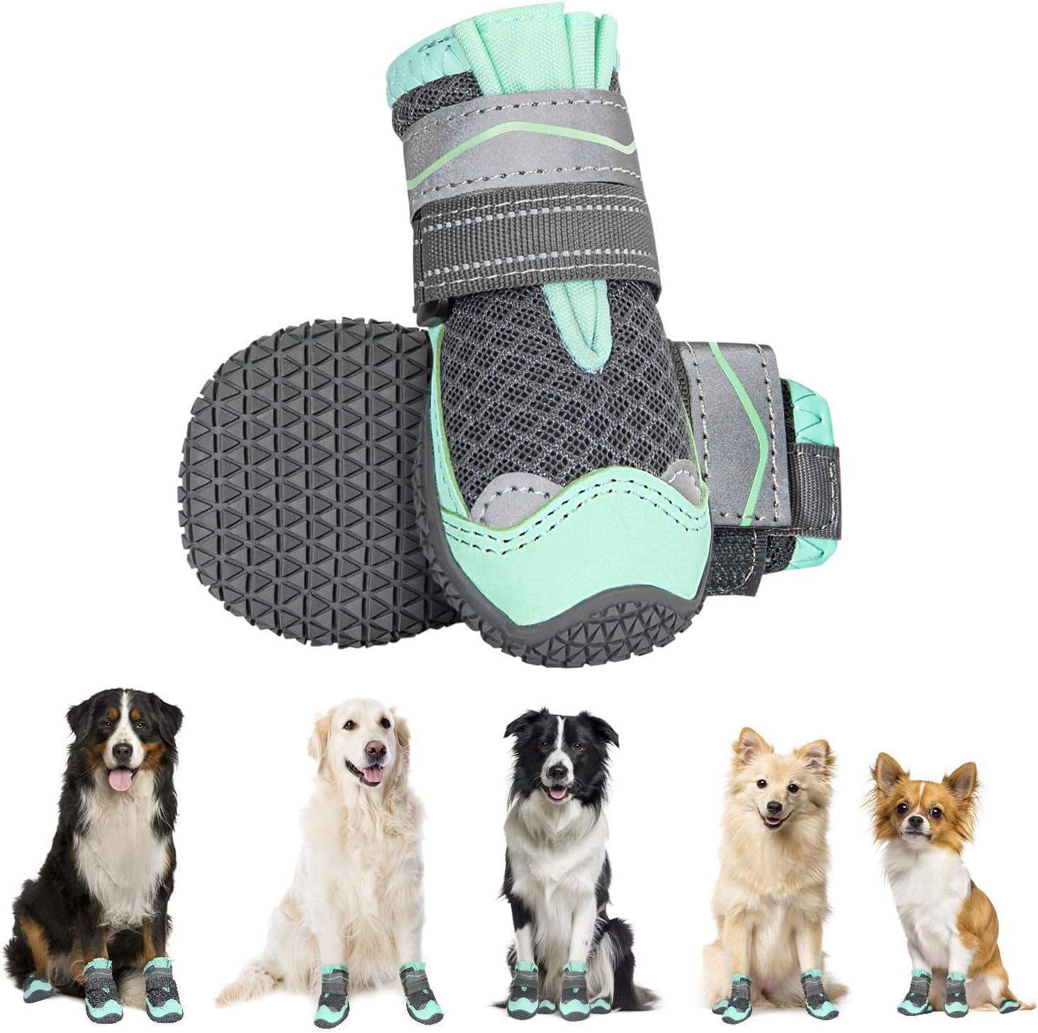 Eyein Hundeschuhe Pfotenschutz (2 Stück) atmungsaktiv mit rutschfester Sohle und reflektierendem Klettverschluss – Grün, Größe 1