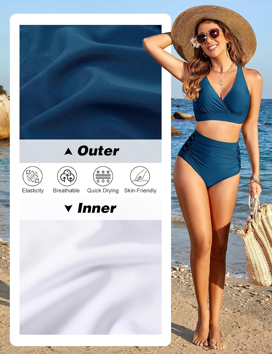 Detalle de CMTOP costume da bagno donna due pezzi a vita alta con reggiseno imbottito e spalline regolabili