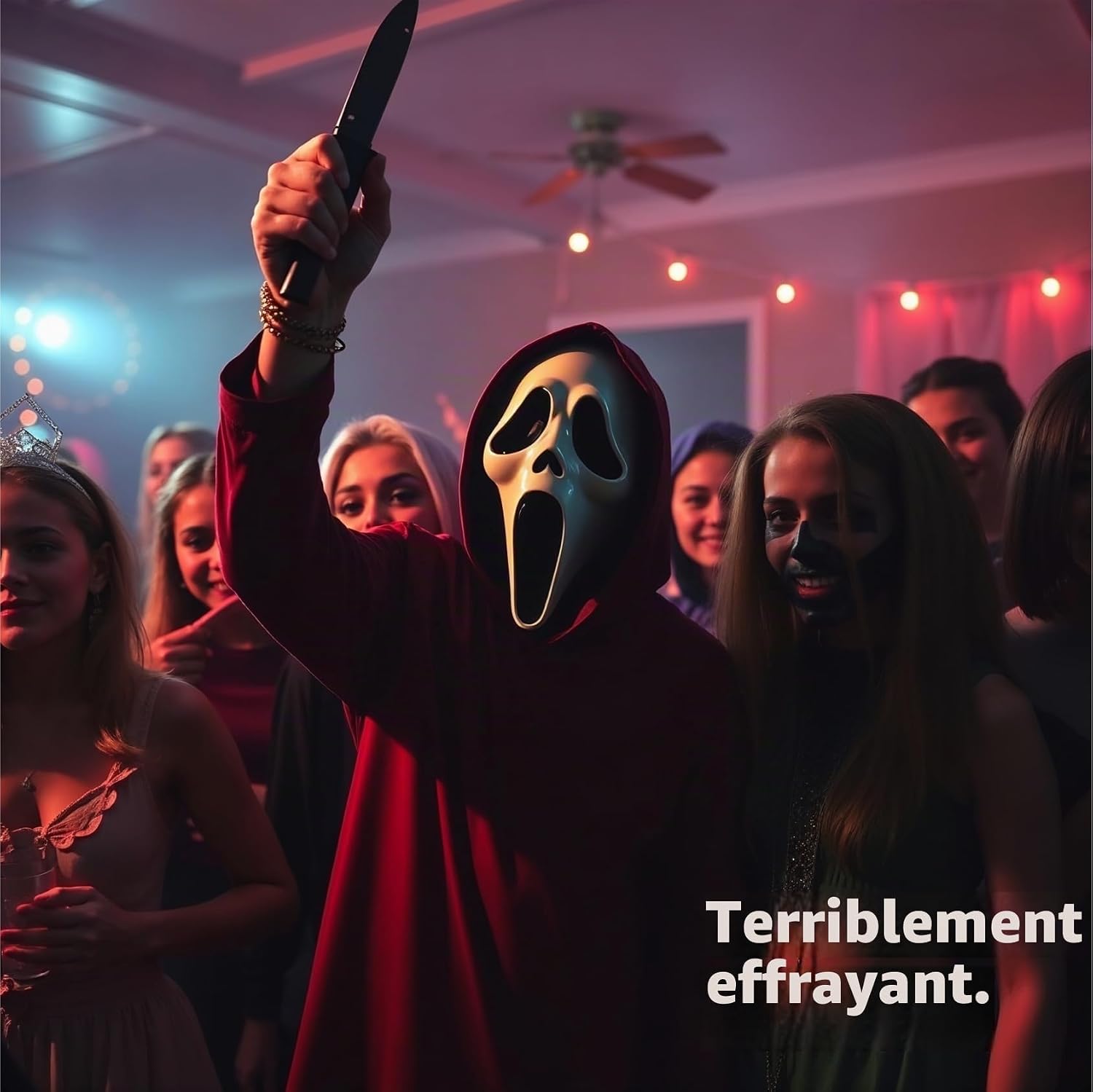 Detalle 1 de TK Gruppe Ghostface-spookmasker met zwarte stof voor Halloween en carnaval