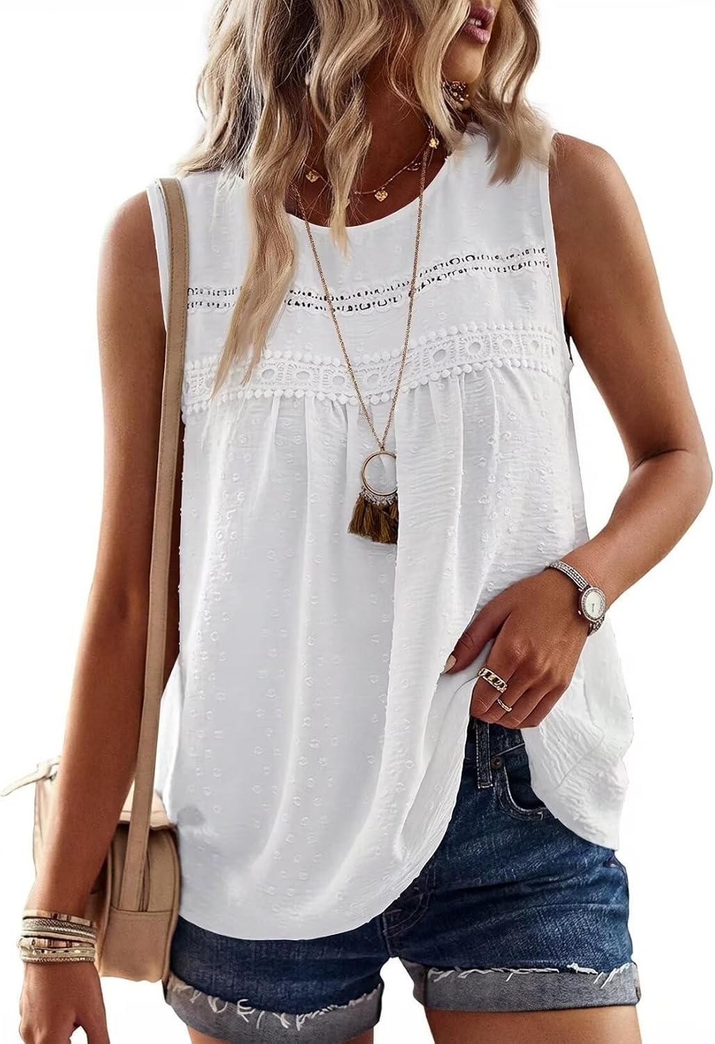Detalle de Falechay Womens Summer Tops Boho Crochet Lace Crewneck Sleeveless Tank