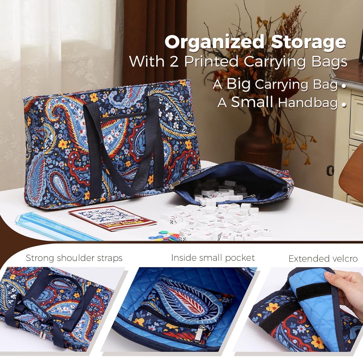Detalle de Kyerlish American Mahjong - Complete 166-Tile Set with Navy Printed Carrying Bag and All-in-One Racks