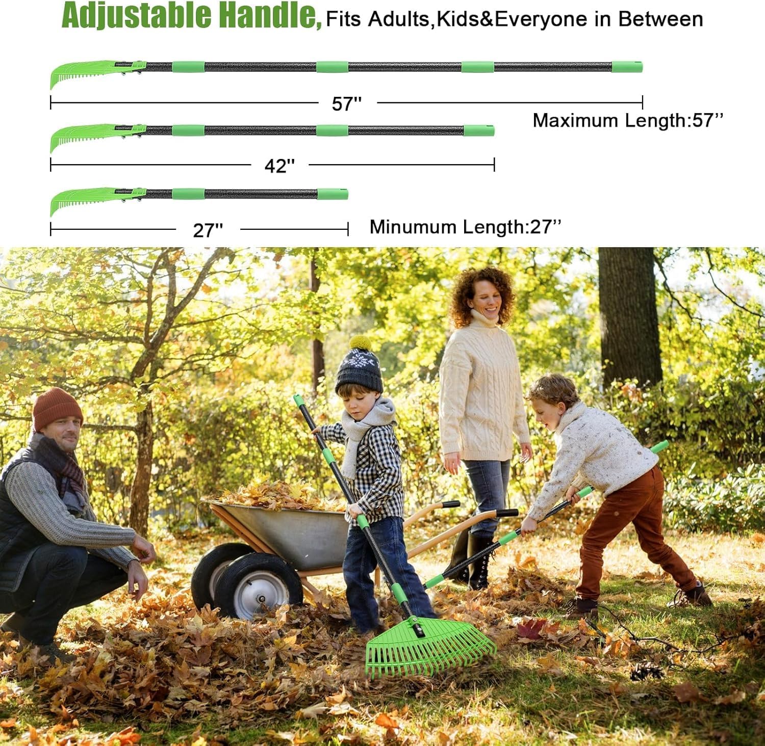 Thumbnail 1 de Leaf Rake, 42cm Wide Garden Rake with 106 cm Adjustable Handle – 23 Tine Plastic Head