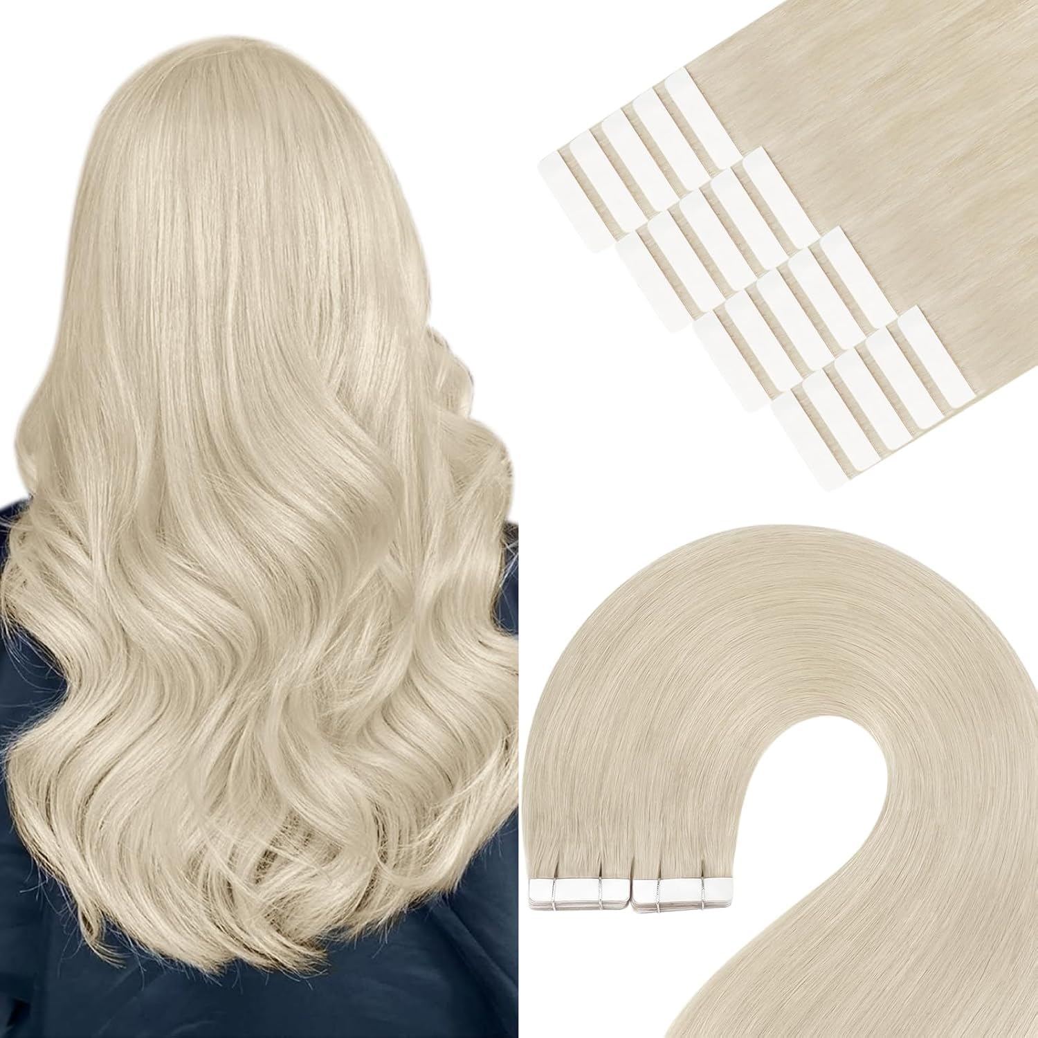 Detalle de YoungSee Tape-in Extensions Echthaar Platinblond, 60 cm (60A) – 50 g