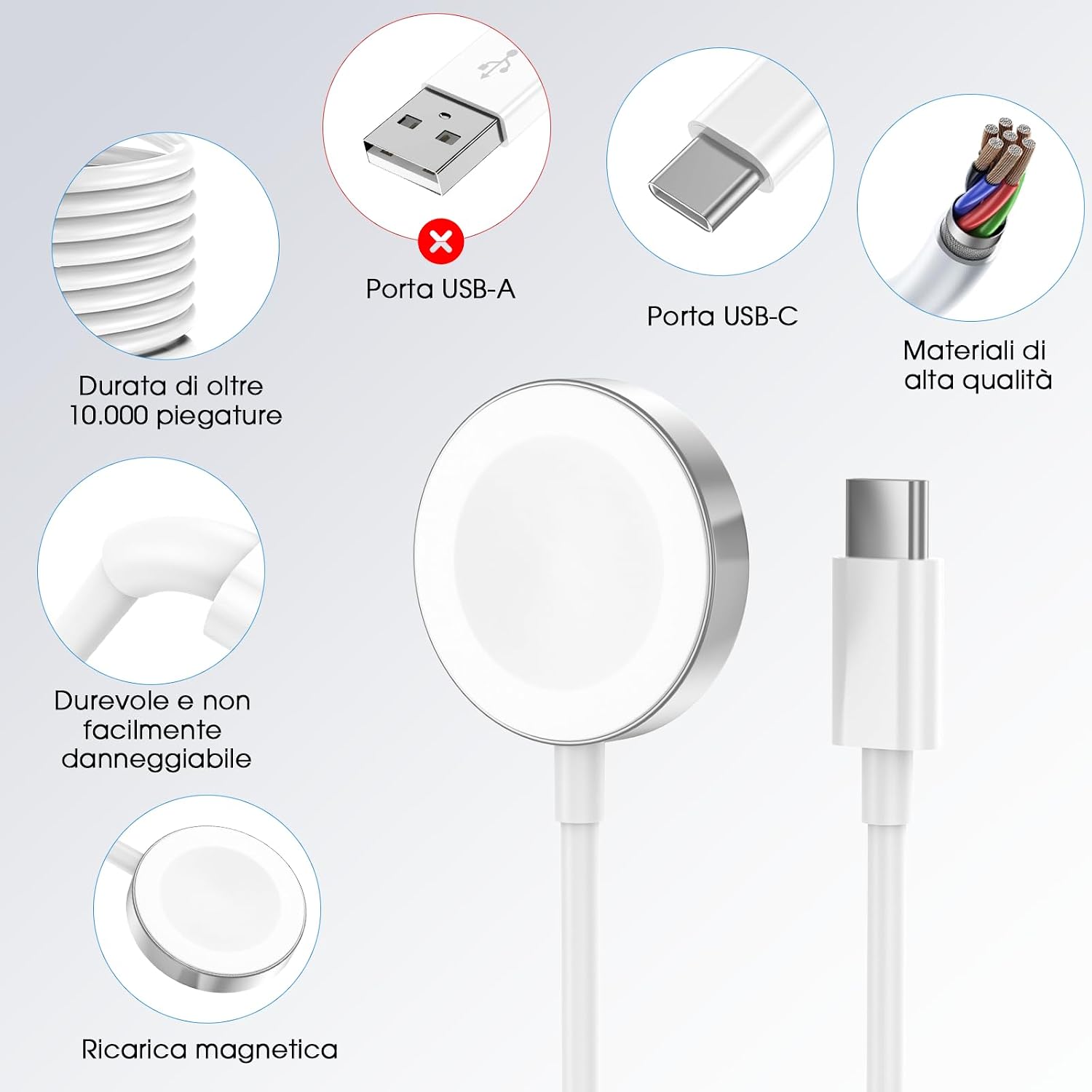 Detalle 2 de Caricatore magnetico USB-C da 1 m per Apple Watch: ricarica rapida, portatile e compatibile con Series 10/9/8/7/6/5/4, Ultra 2 e SE
