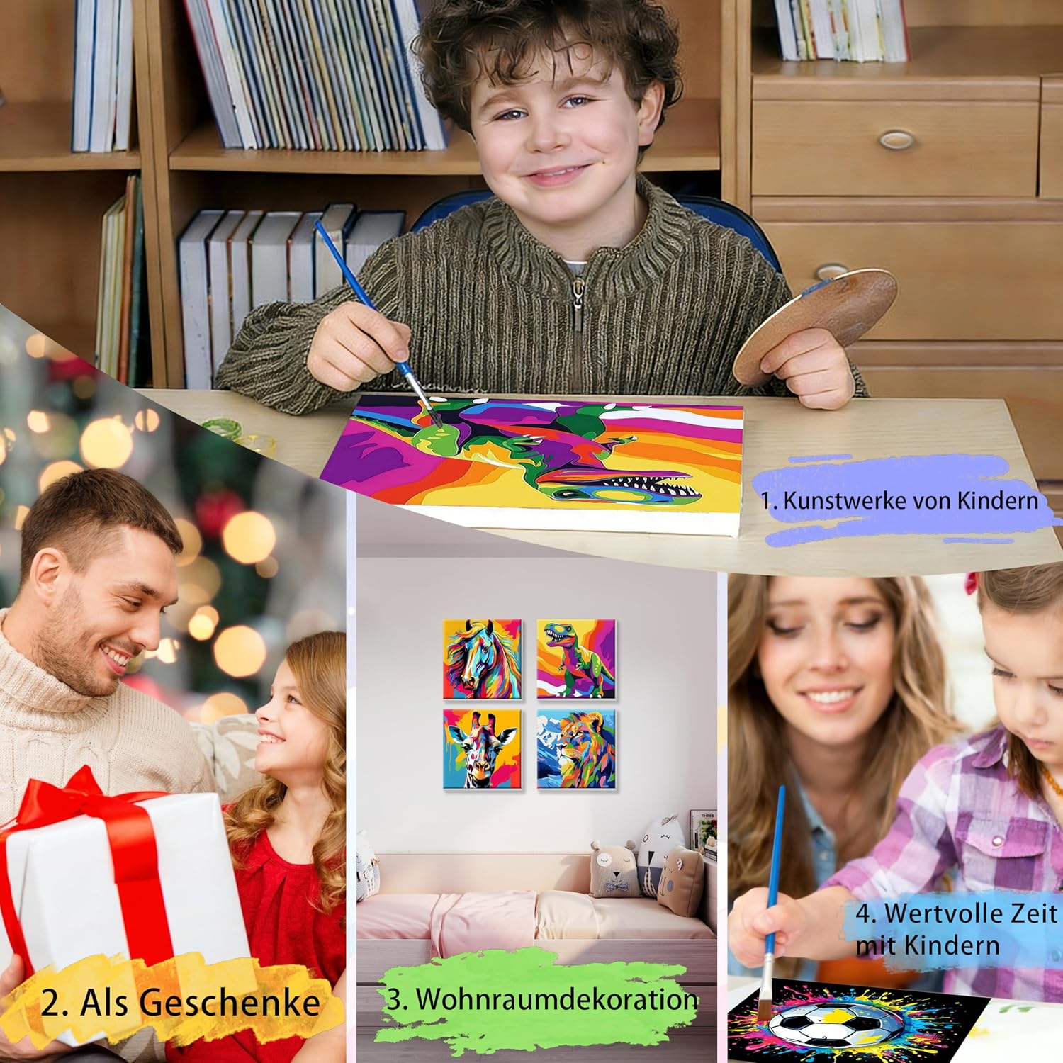 Thumbnail 5 de Yunruily 4er-Set Malen nach Zahlen für Kinder mit Rahmen (Giraffe & Löwe) – Paint-by-Numbers ab 7/8 Jahren