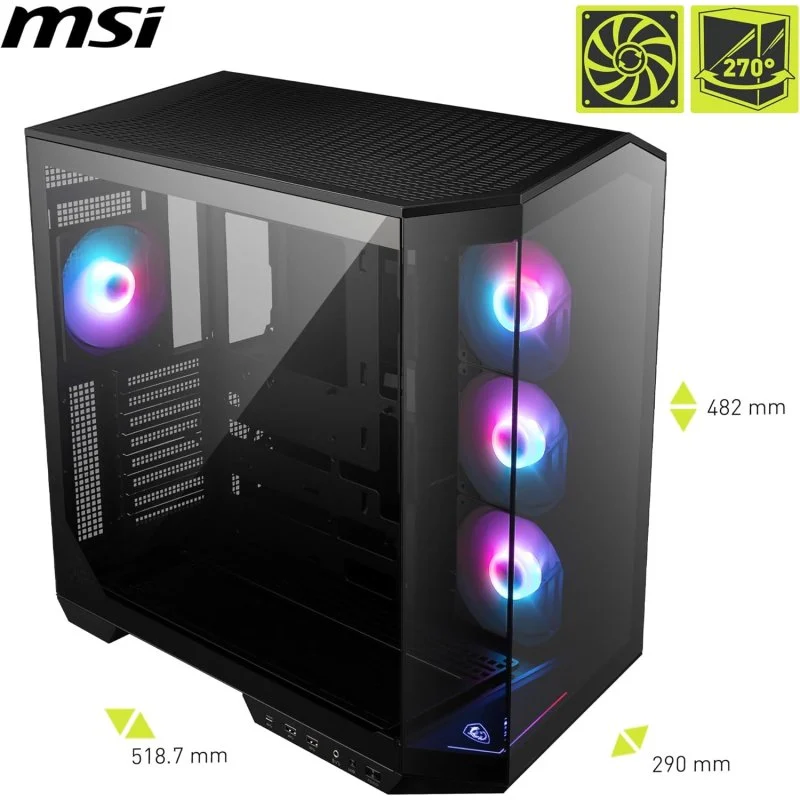 Detalle de MSI MAG PANO 100R PZ ARGB: torre semitorre negra con panel de vidrio templado y USB-C