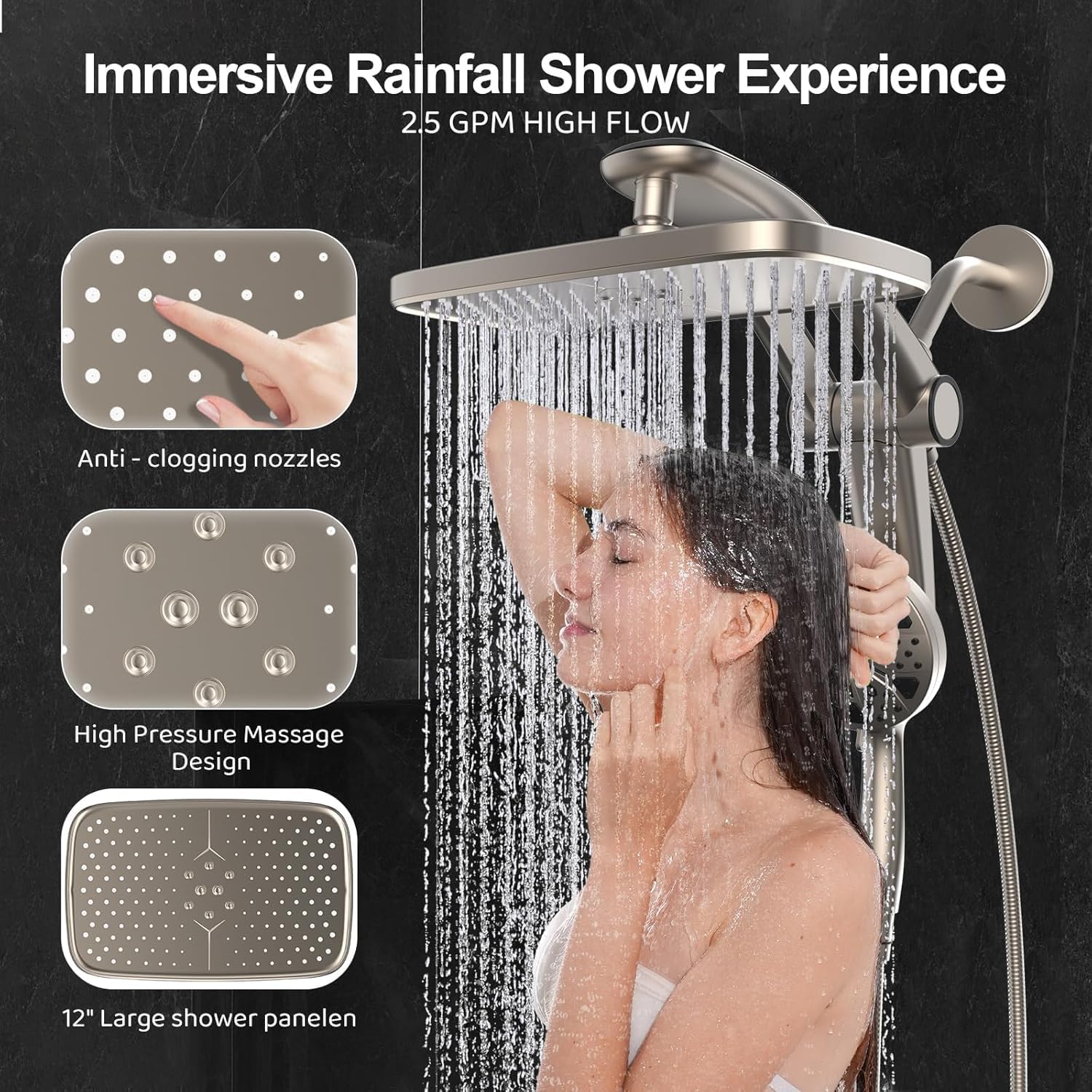 Thumbnail 5 de Magnetic Dual Rain Shower Head Combo with Handheld High-Pressure Sprayer, Adjustable Angle Stand Dock & 12-Inch Square Rain Head