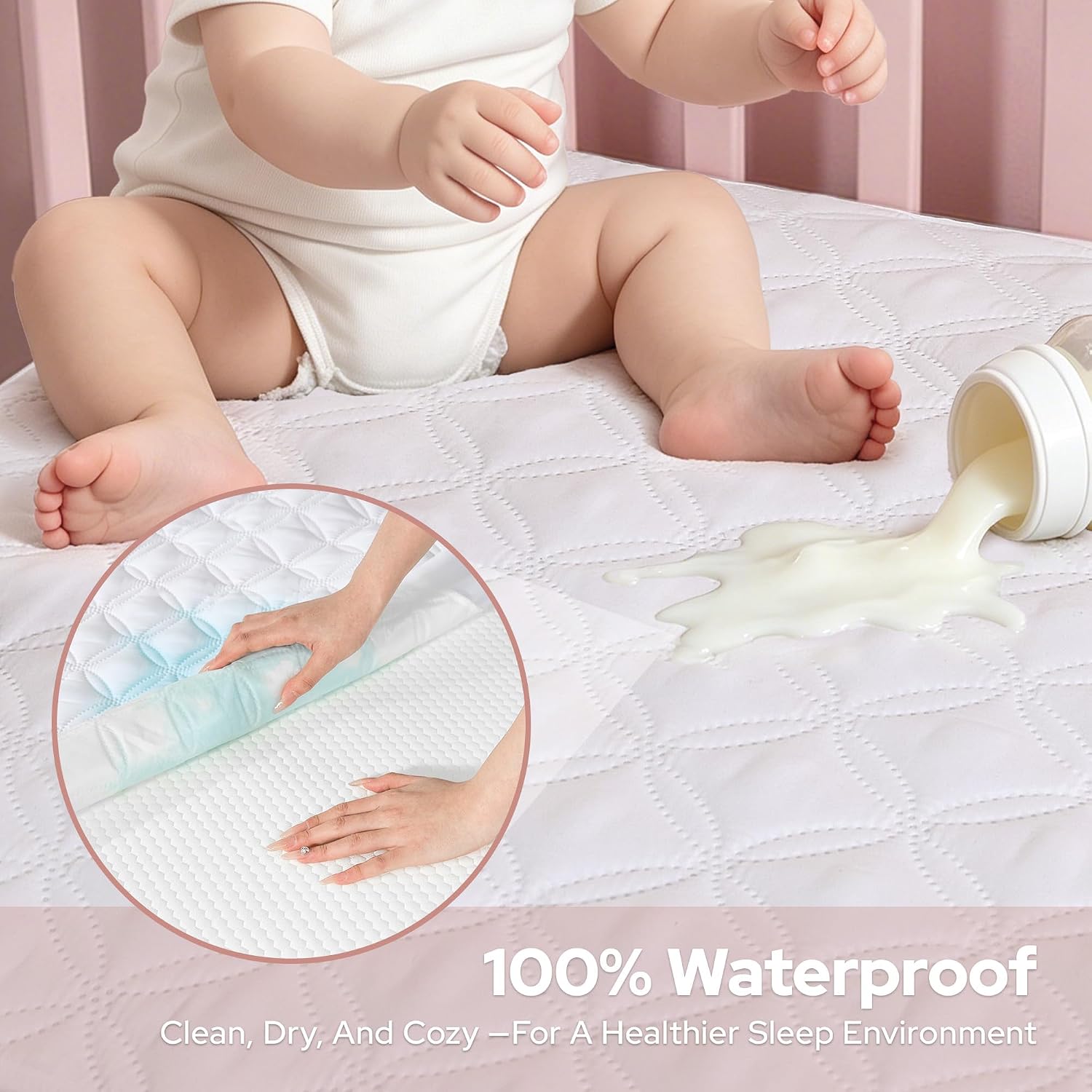 Detalle 2 de BEDLORE Mini Crib Mattress Protector, Waterproof 2-Pack, White, 38" x 24