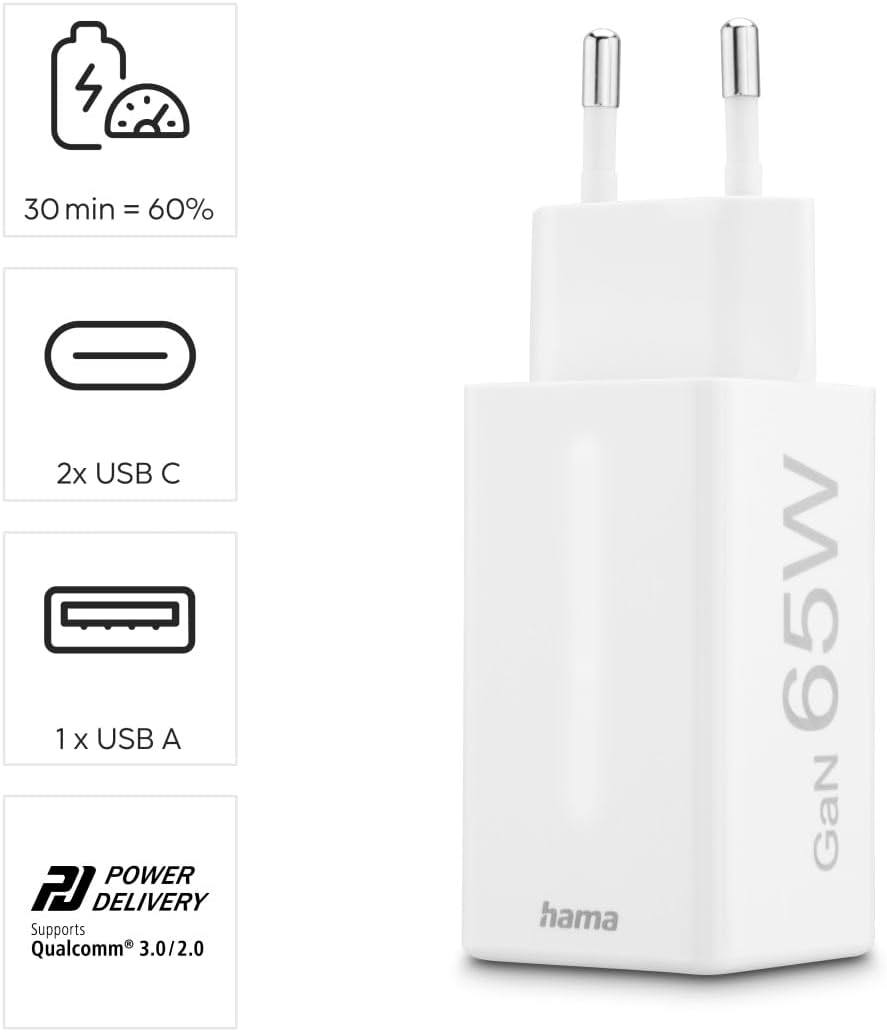Thumbnail 1 de Hama chargeur rapide 65W GaN (PD + QC 3.0) à 3 ports pour iPhone, Samsung et MacBook – Blanc
