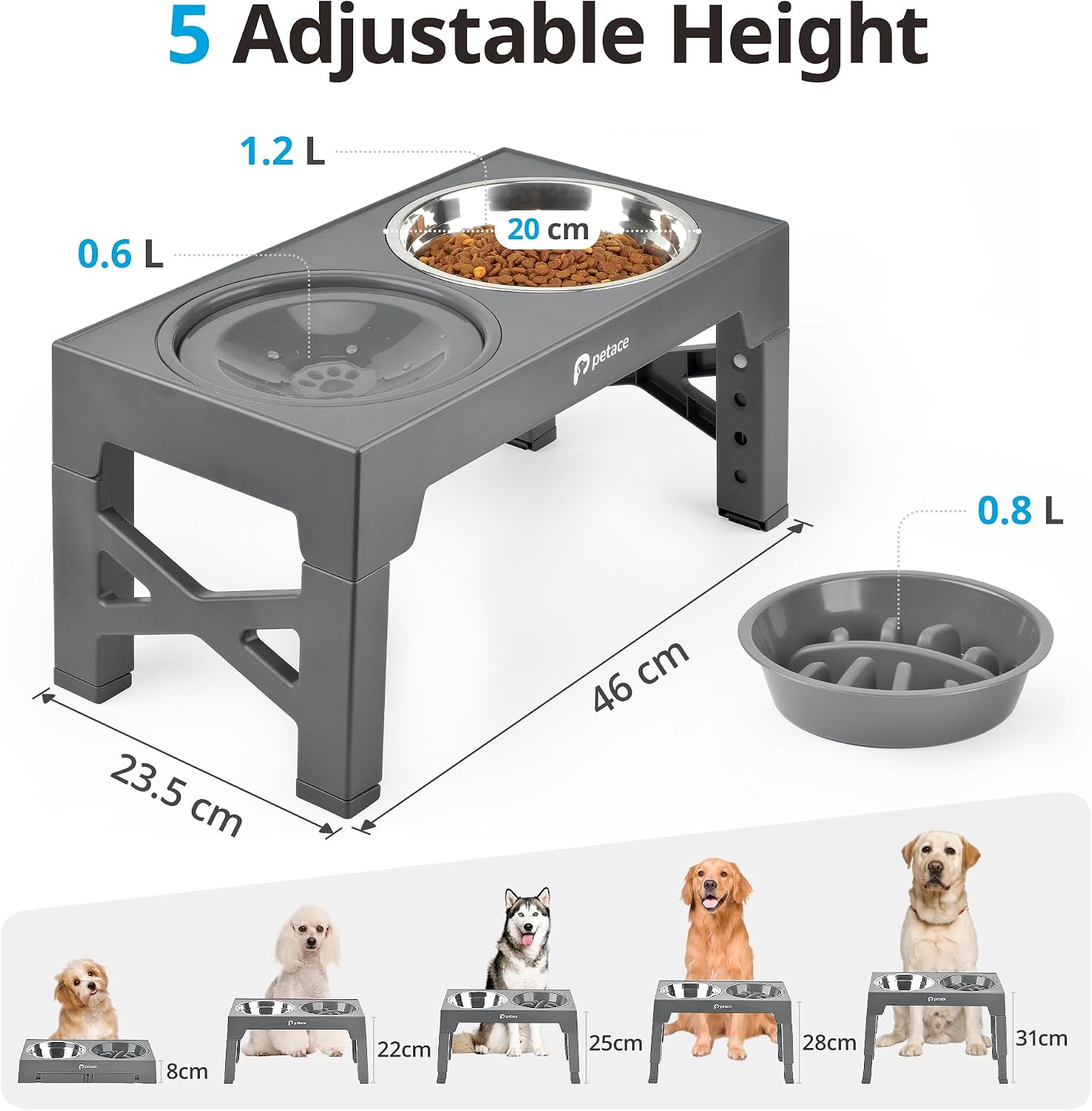 Thumbnail 5 de Petace Elevated Dog Bowls for Large Dogs – Raised Feeder Stand with 2 Slow Feeder Bowls, 5 Adjustable Heights