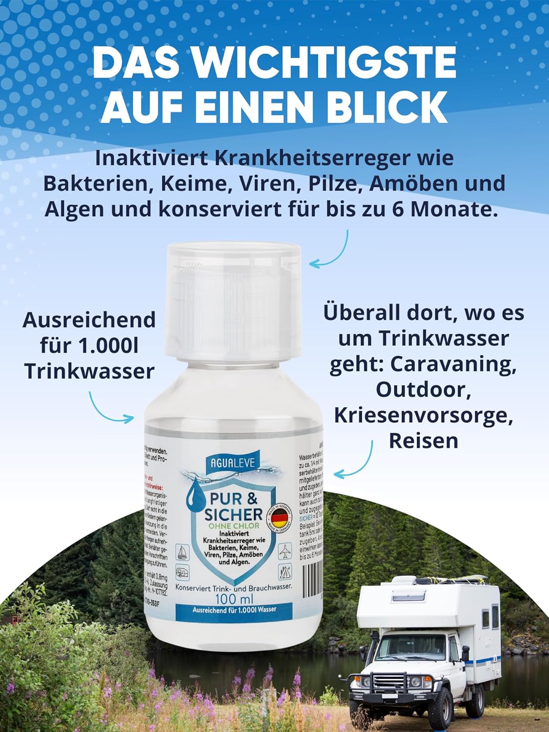 Thumbnail 1 de AGUALEVE PUR & SICHER ohne Chlor Wasseraufbereiter – Trinkwasseraufbereitung für Notfall, Camping und Reisen