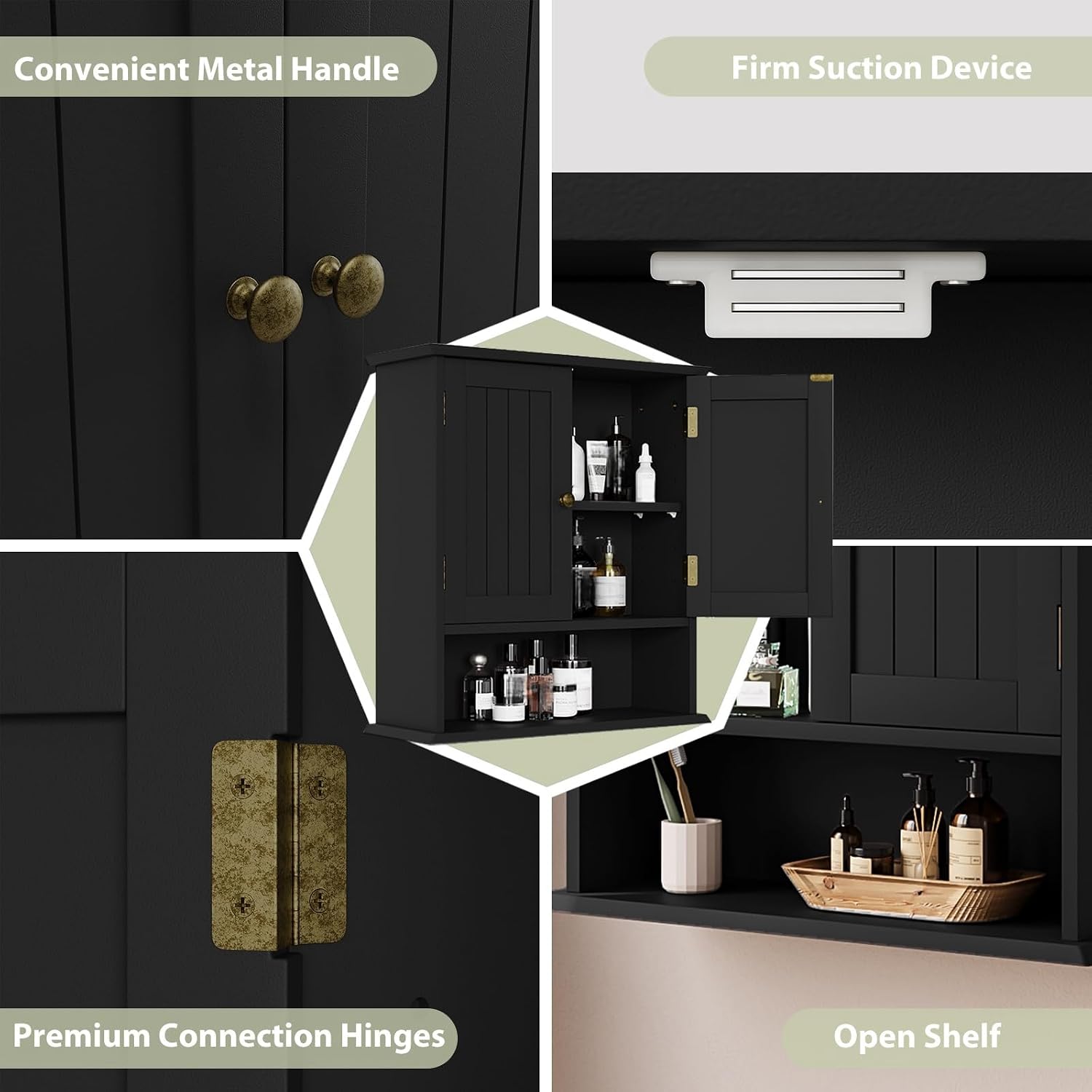 Thumbnail 4 de Smuxee SM-WC002 Black Wall-Mounted Bathroom Cabinet with Adjustable Shelves