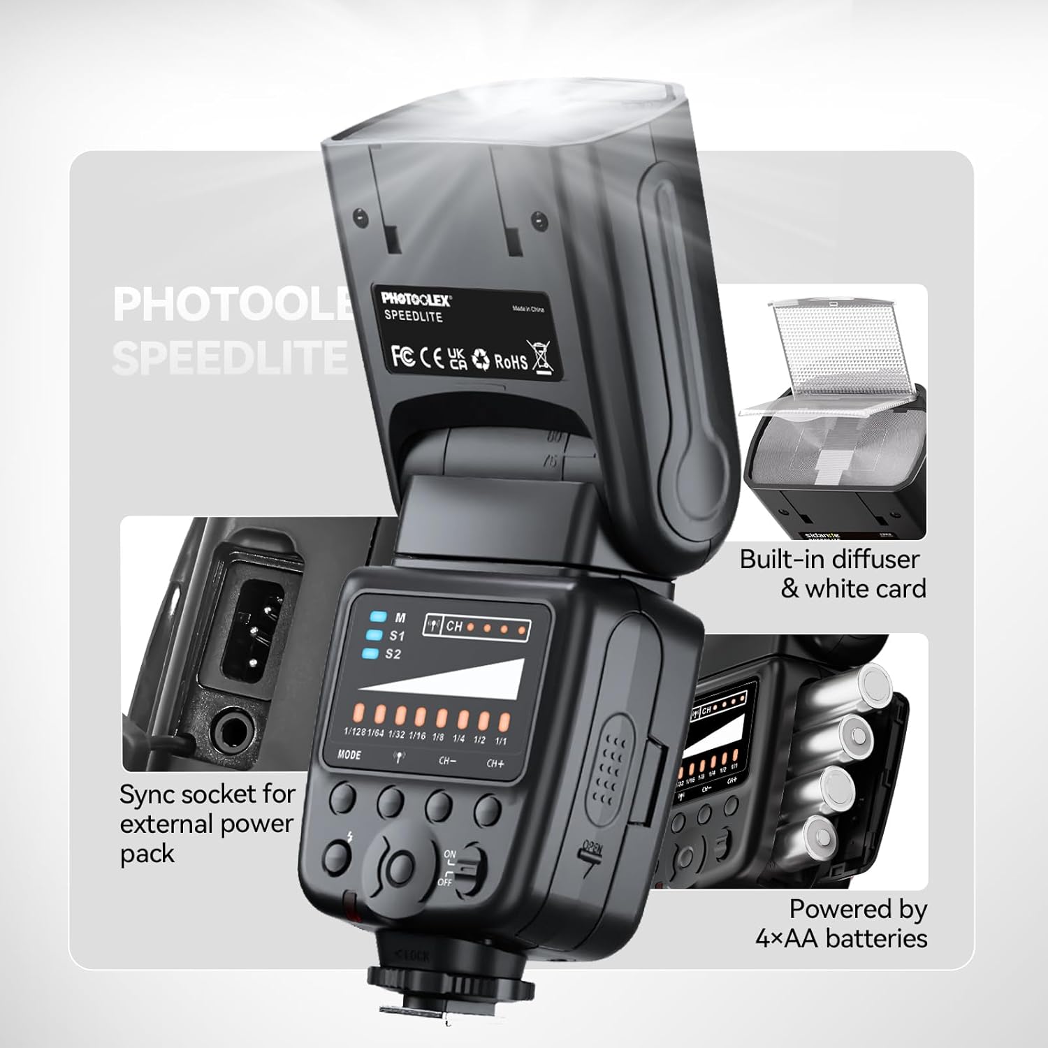 Thumbnail 4 de PHOTOOLEX Speedlite con slitta hot shoe a contatto singolo GN33 per Canon, Nikon, Sony e altre SLR mirrorless