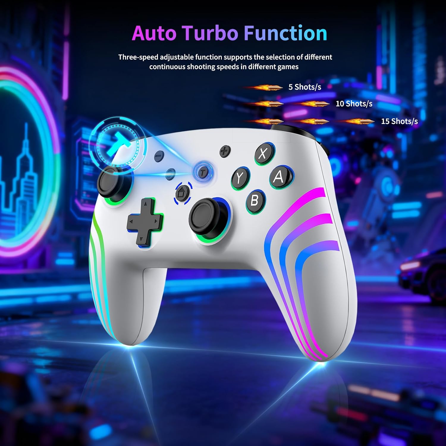 Detalle 2 de Manette Sans Fil 2pcs pour Switch (compatible Switch, Switch 2, Lite, OLED) avec éclairage RGB, double vibration, gyroscope 6 axes et Turbo – blanc+noir
