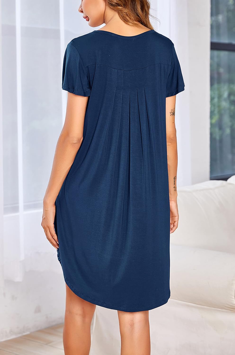 Detalle de Chemise de nuit femme Ekouaer à manches courtes (grande taille) S-3XL, col rond et coupe décontractée