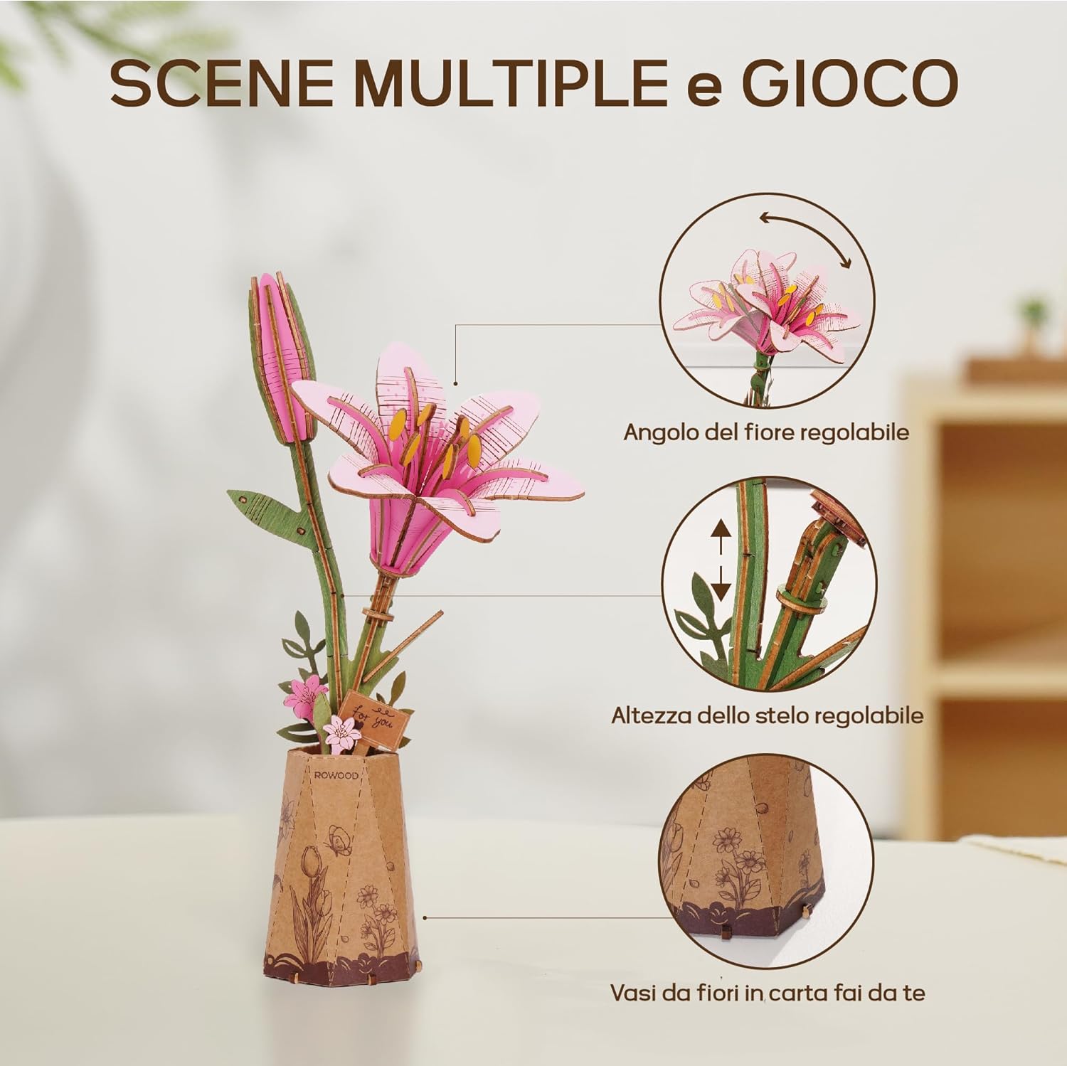 Thumbnail 3 de ROWOOD 3D Wooden Flower Puzzle DIY kit (artificial flower model to assemble) for home décor & Valentine gifting