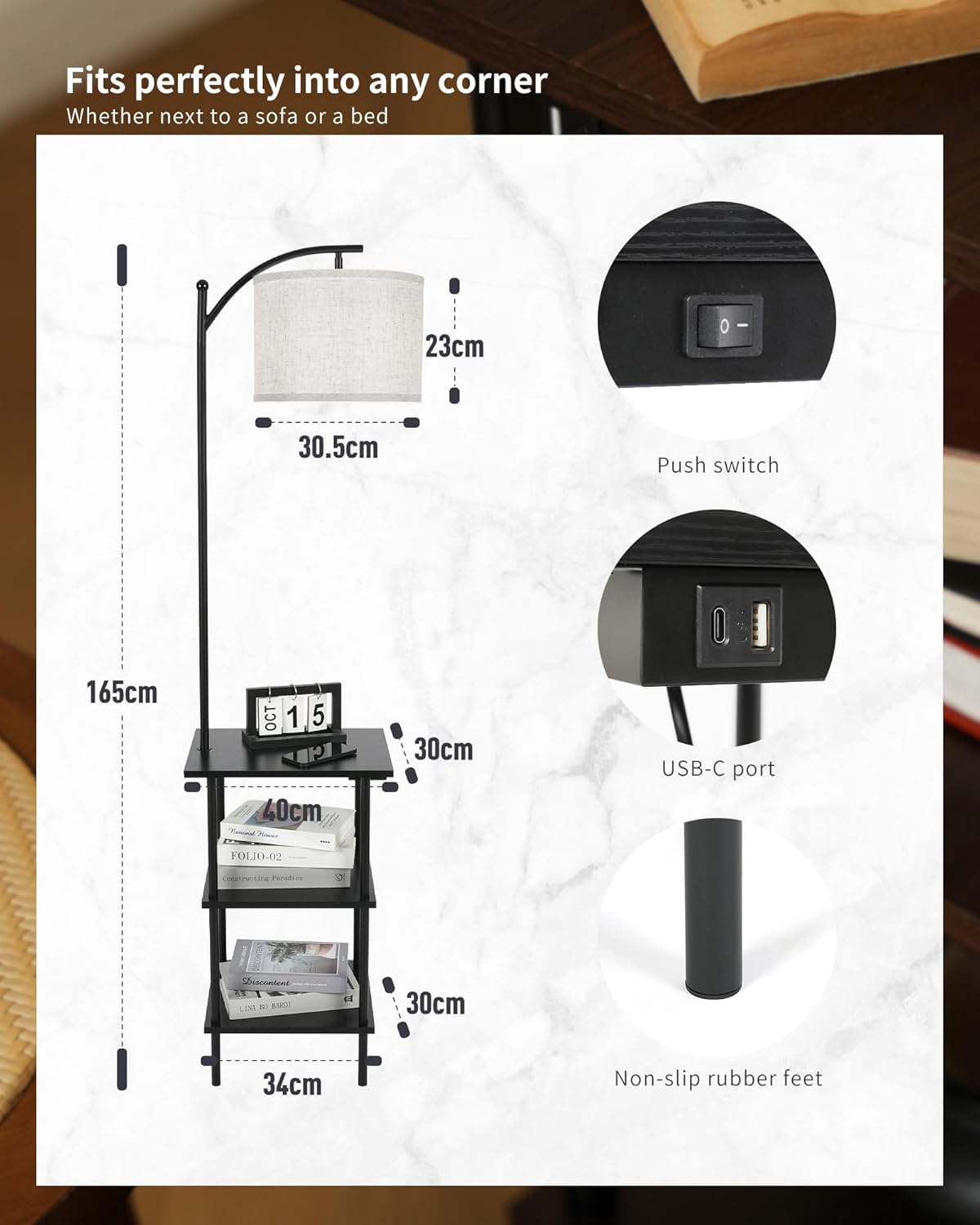 Detalle de LuminexDesigns Vintage Stehlampe mit Regal – Holz, USB/Type-C, 3 Ebenen, E27, Schwarz