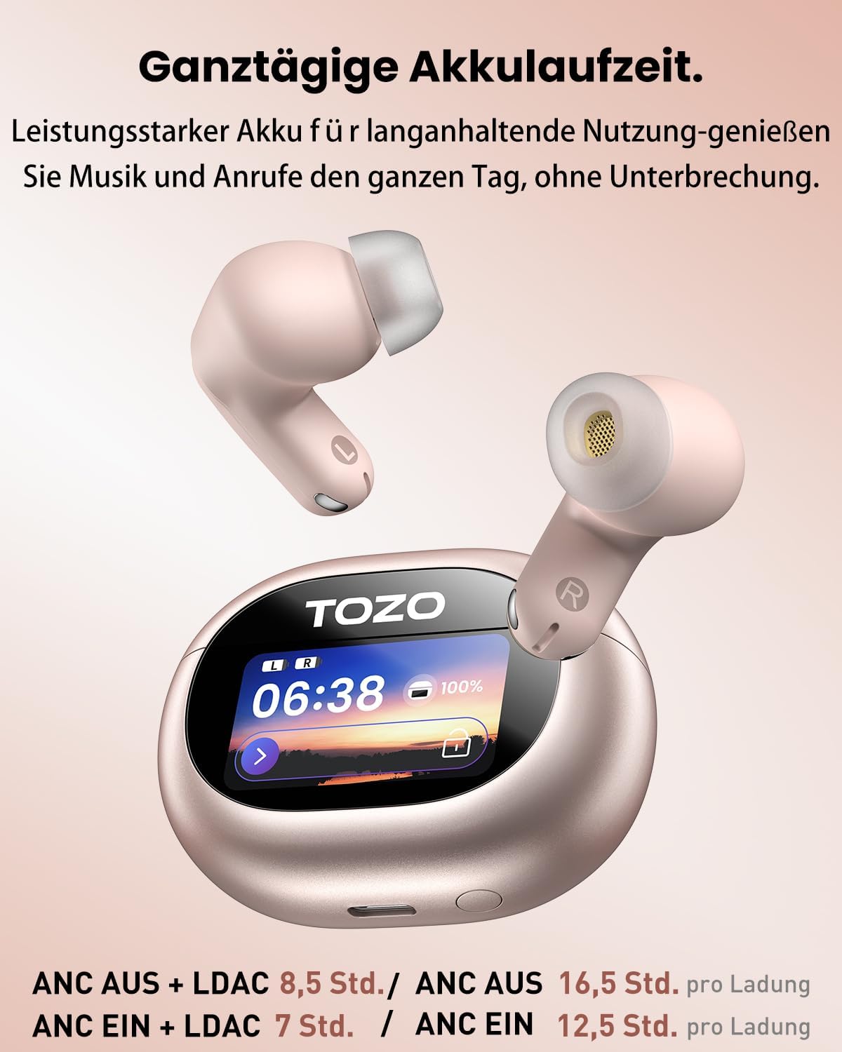 Detalle 2 de TOZO NC20 Pro kabellose Bluetooth-Kopfhörer (LDAC, adaptives ANC, Smart-Touchscreen, IPX8) in Roségold