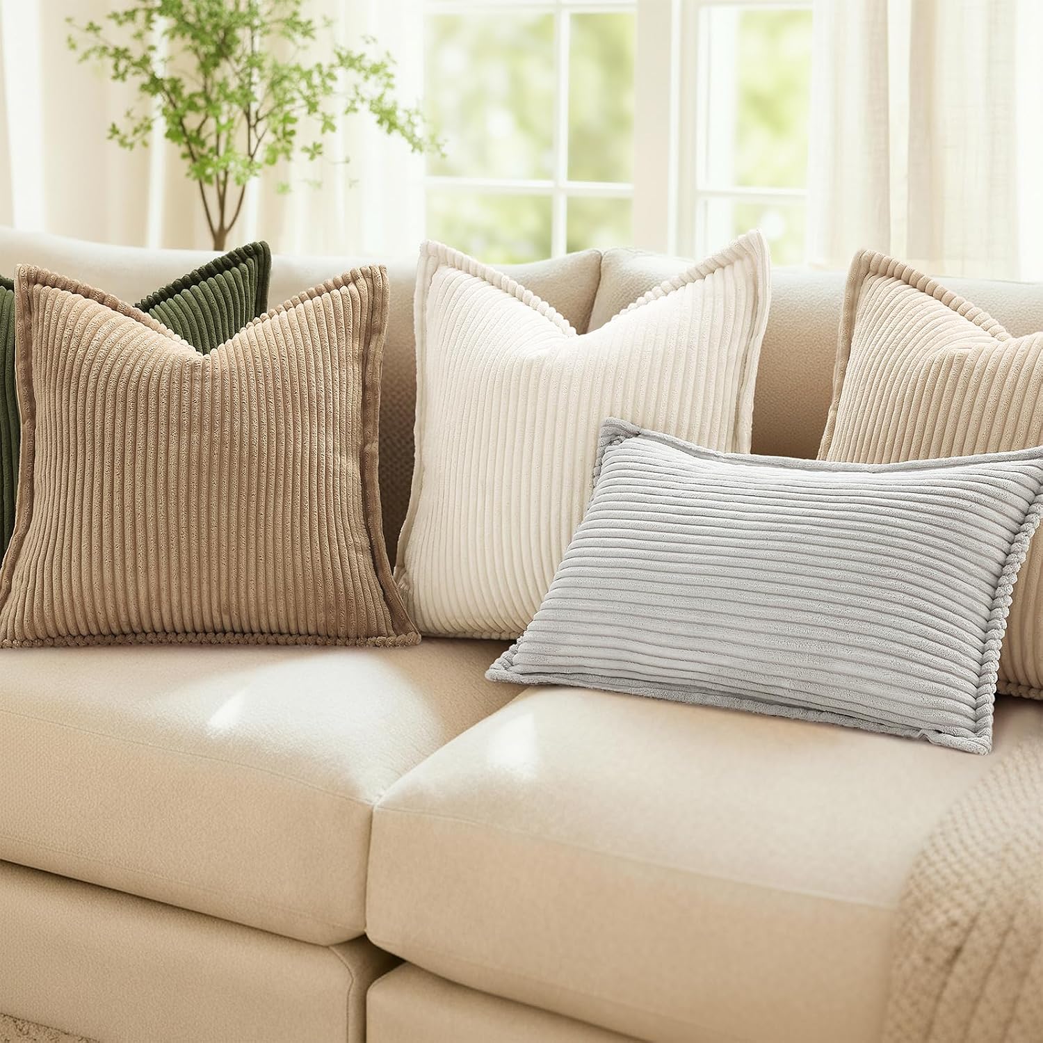 Detalle 2 de Mecatny Corduroy Spring Throw Pillow Covers (18x18) — Set of 2, Cream White Neutral Boho Accent