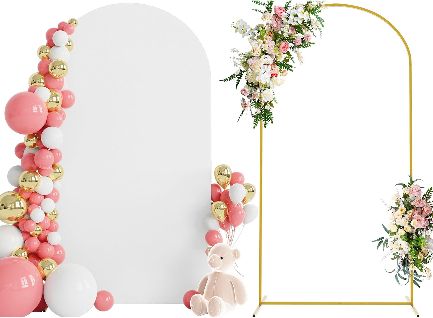 Wokceer 7.2 FT Wedding Arch Backdrop Stand with White Arch Cover – Elegant Gold Frame, Portable Event Decor