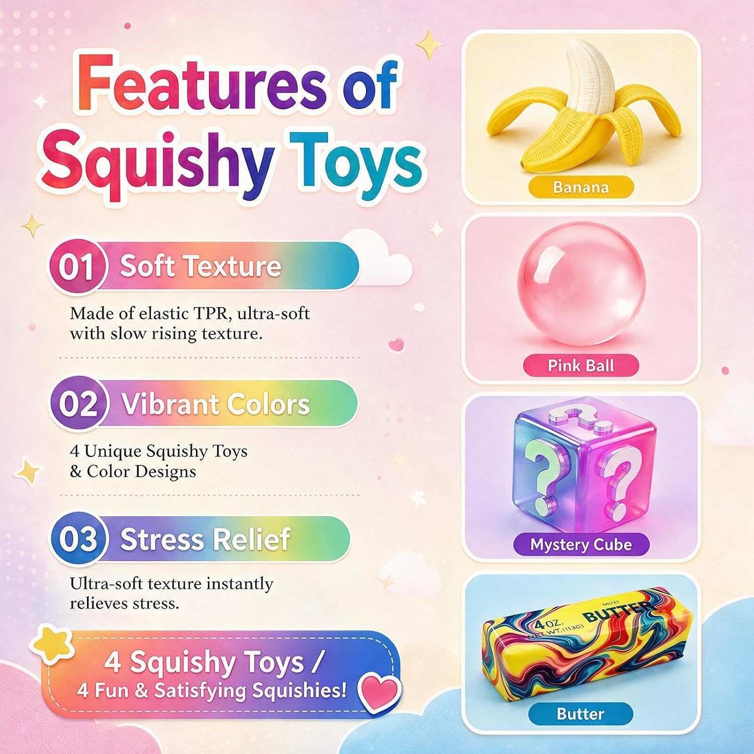 Detalle 2 de XXOUQL 4-Piece Squishy Pack, Butter and Banana TPR Squeeze Toys