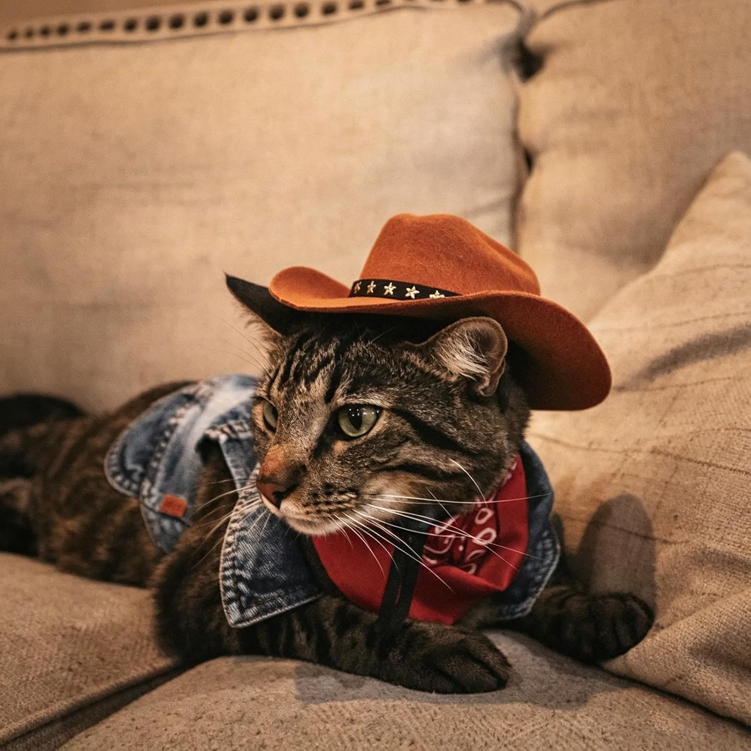 Detalle 2 de Ling & Bai 2Pcs Dog Cowboy Hat Costume Set: Hat and Red Bandana for Pets (Black)
