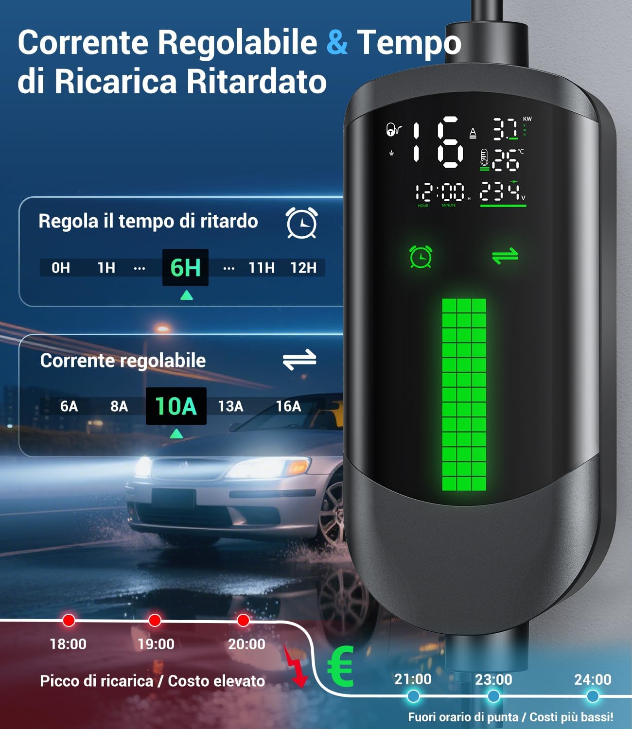 Thumbnail 2 de Colonnina ricarica auto elettrica con wallbox portatile WityCharge 3,7 kW Schuko 16A, LCD e timer 1–12 h, IP65 (IEC 62196-2)