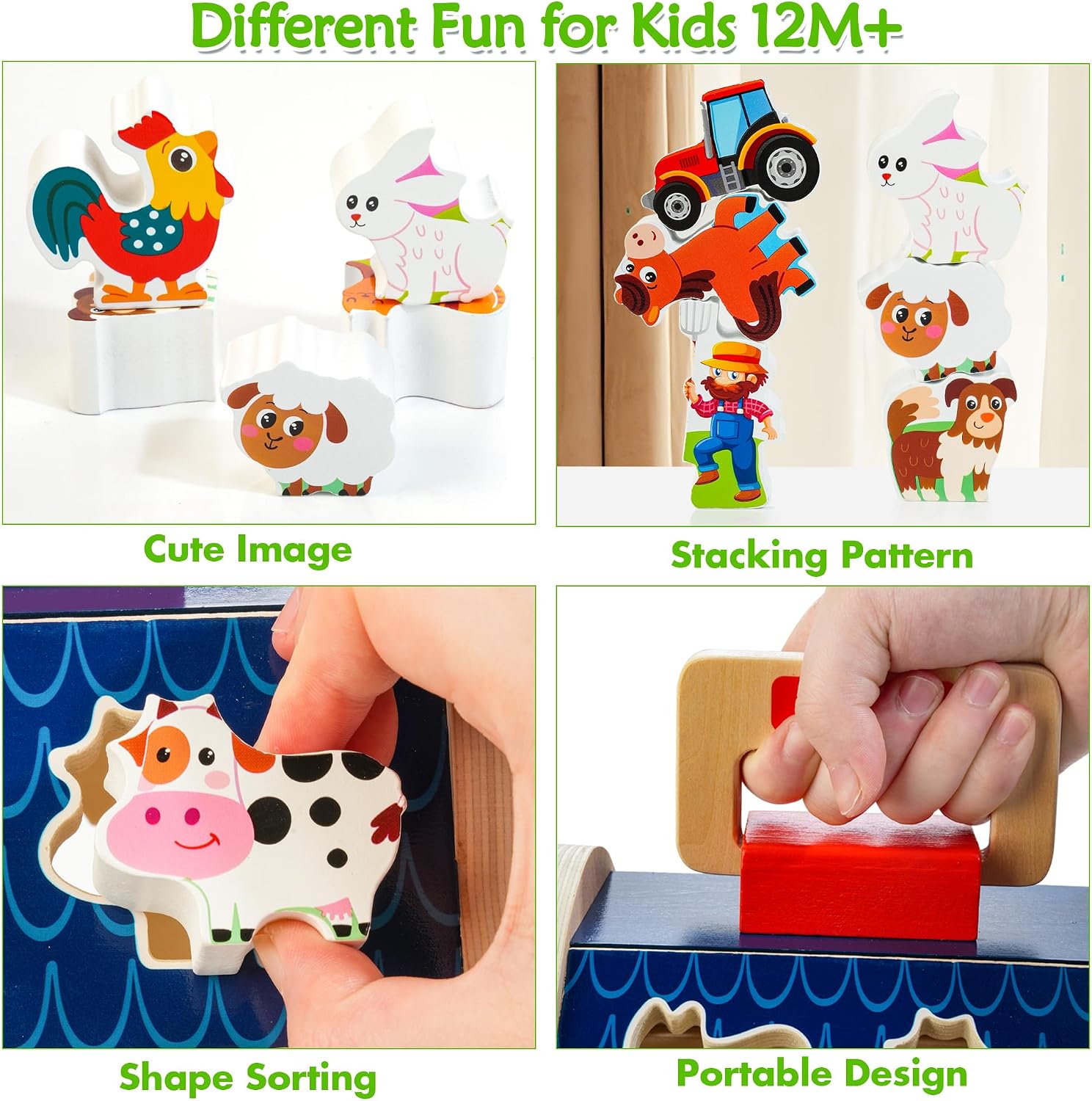 Detalle de Montessori Wooden Farm Animals Shape Sorter for 1–3 Year Olds