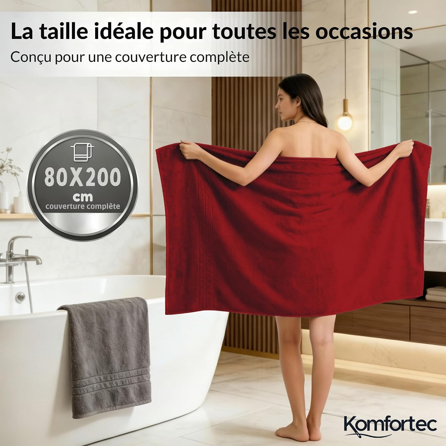 Detalle 2 de Komfortec Lot de 2 Serviettes de Sauna 80 x 200 cm – 100% Coton XXL, Gris Anthracite et Rouge Aurore