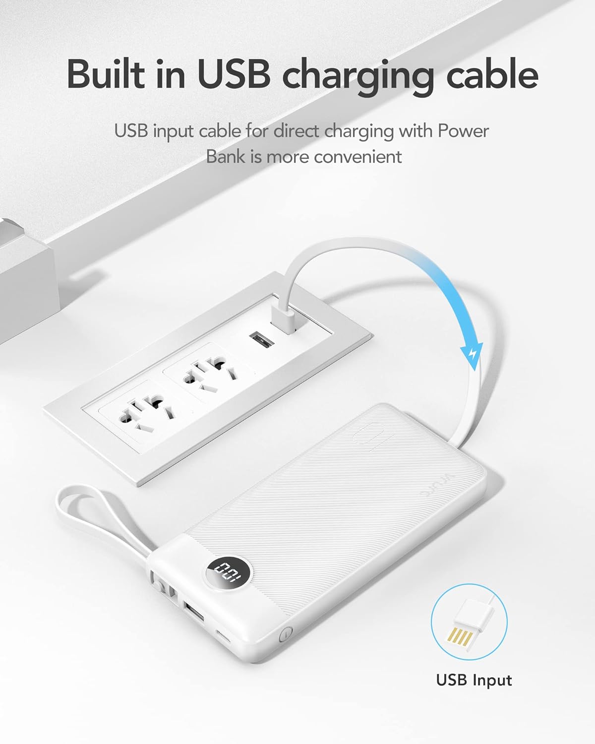 Detalle de VRURC 10000mAh Power Bank With Built in Cables — Compact 5-Output Portable Charger