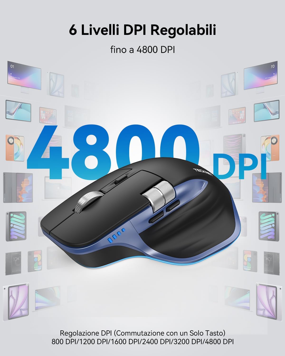 Detalle de TECKNET Mouse Wireless Bluetooth ad Alte Prestazioni: Ergonomico, 4800 DPI, Rotella Orizzontale e Ricarica USB-C