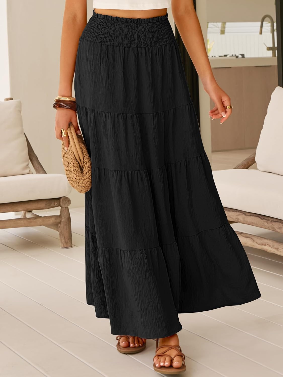 Thumbnail 1 de ANRABESS Women's Maxi Skirts — Elastic High Waist, A-Line Tiered Boho Style