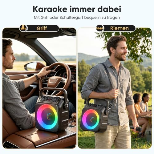 Detalle de Singingmate Karaoke Maschine mit 2 kabellosen Mikrofonen – tragbare Karaoke Box, Bluetooth Lautsprecher, TV-kompatibel