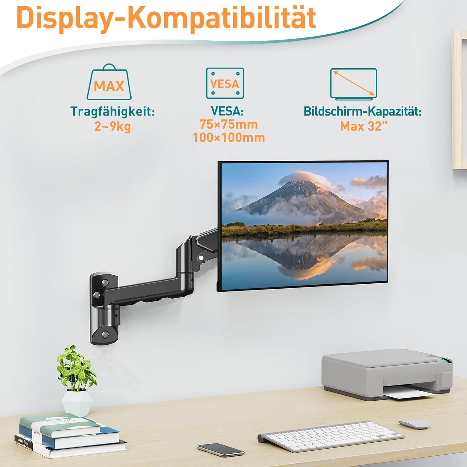 Detalle de ELIVED Monitor-Wandhalterung EV023A für 13–32" bis 9 kg (VESA 75/100) mit 180° Schwenk-, 360° Dreh- und Höhenverstellung