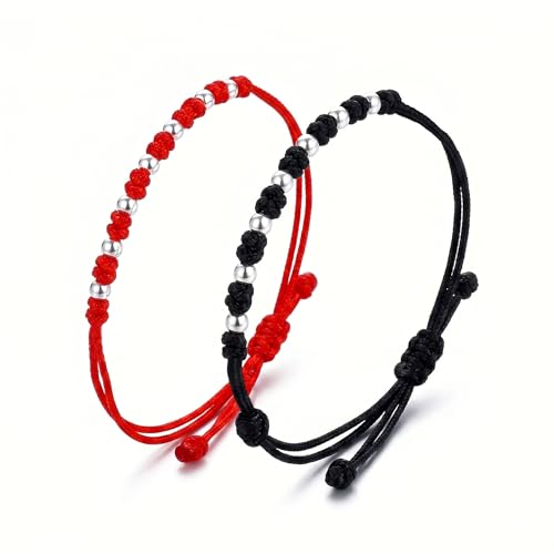 Detalle 2 de Pulseras Para Parejas 7 Bolas Plata y 7 Nudos - Hilo Rojo del Destino y Hilo Negro | AMOR CON PALABRAS