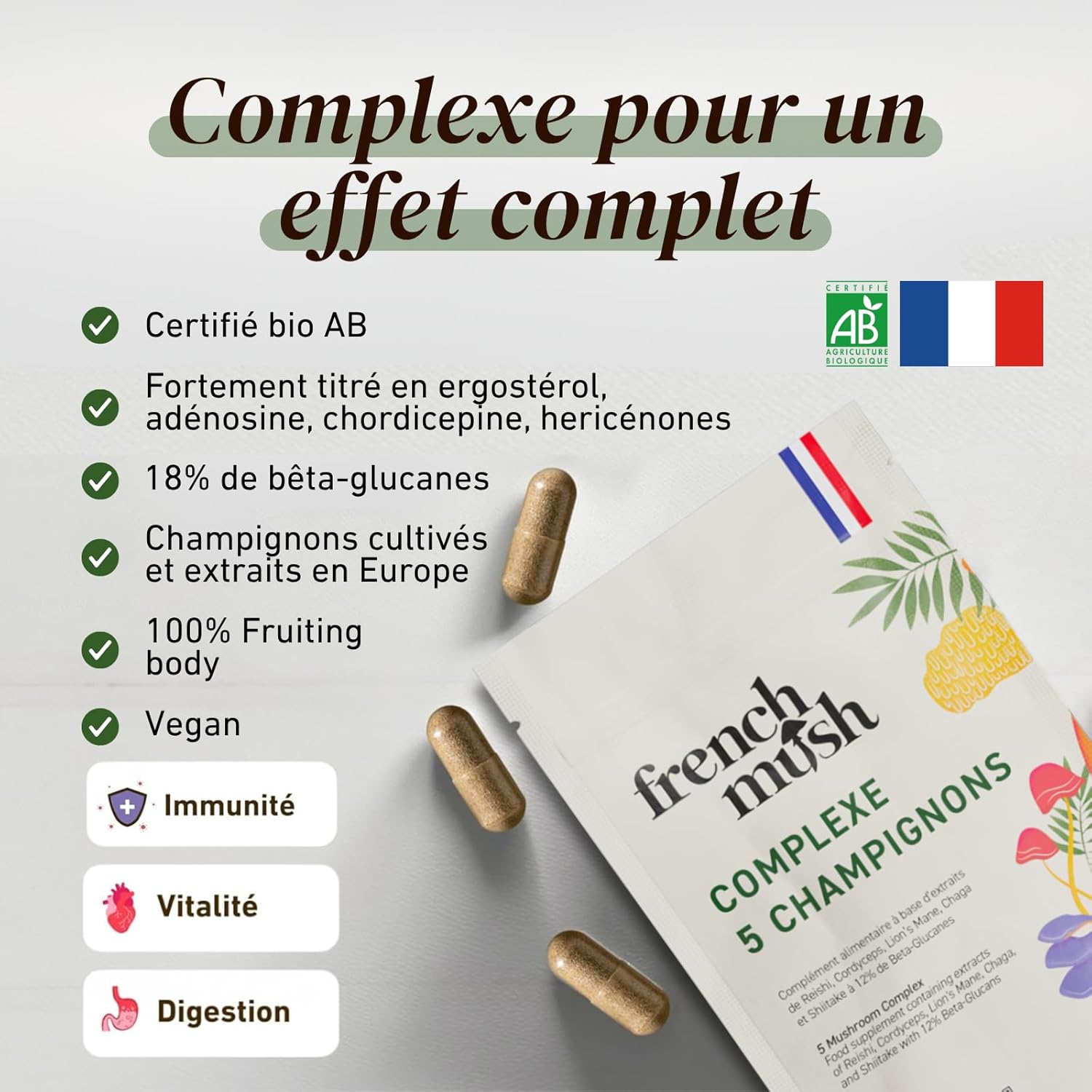 Thumbnail 4 de French Mush Complexe 5 Champignons Bio Grand Format – 168 Gélules Vegan