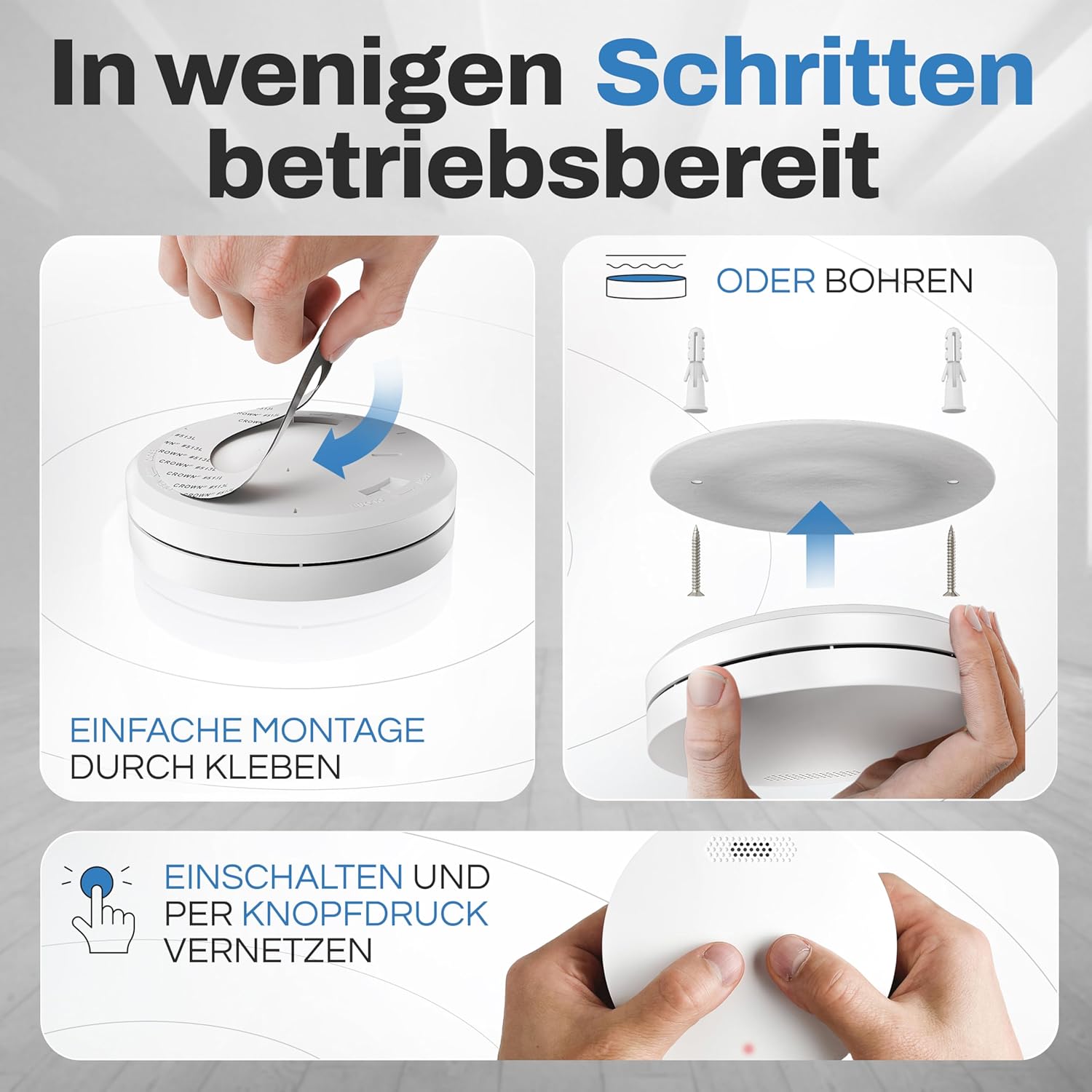 Detalle de ALPENLUFT Rauchmelder Funk Vernetzt 2in1 – 3er Set, 10 Jahre Batterie, ohne Bohren, LED-Blinken ohne Störung