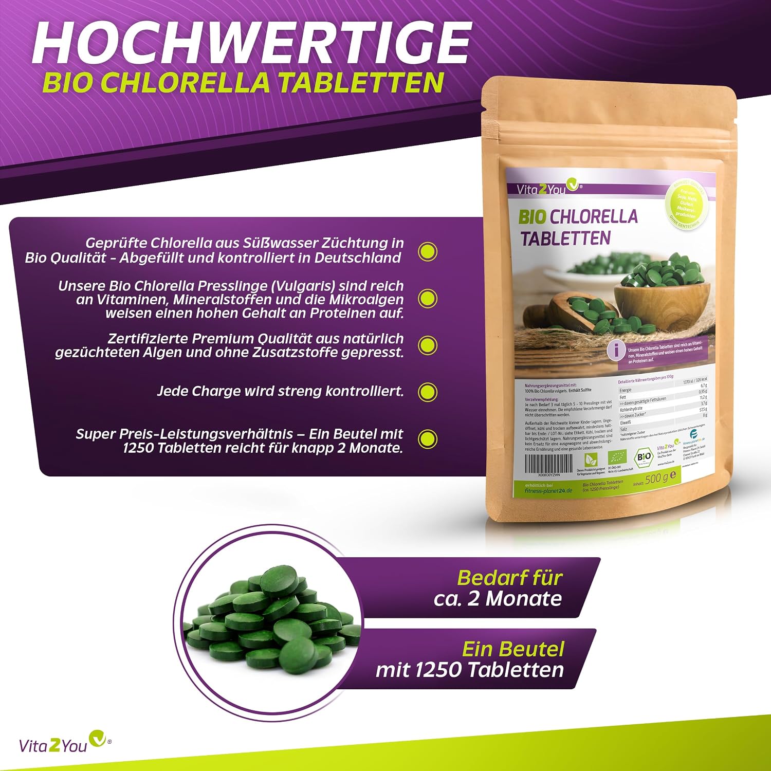 Detalle 2 de Vita2You Bio Chlorella Tabletten 500 g 💊