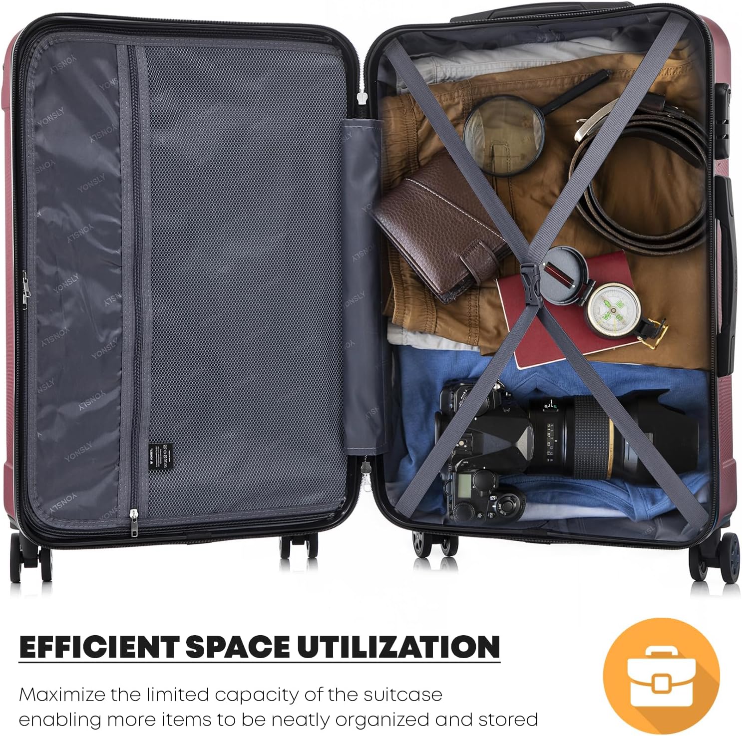 Detalle de YONSLY Koffer Suitcase XL Weinrot – Trolley Reisekoffer mit 4 Rollen 360°