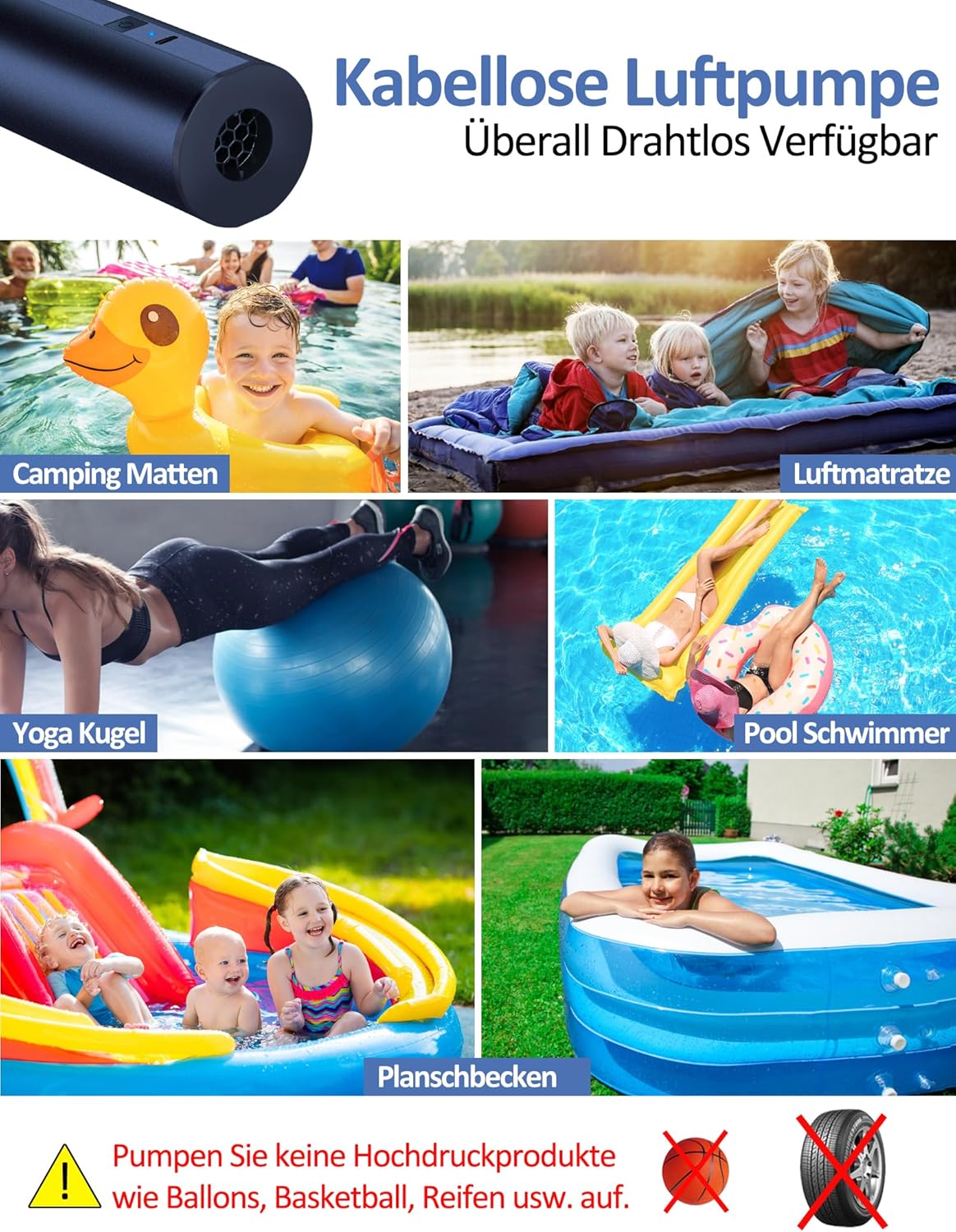 Detalle de Kabellose elektrische Luftpumpe mit 2×2000mAh Akku – Schnellaufblasen für Pool, Schlauchboot & Luftmatratze (4 Düsen)
