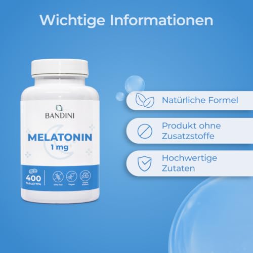 Detalle de Bandini Melatonin hochdosiert 1 mg – 400 Mikrotabletten (Plus 1 Jahr Vorrat) von Bandini
