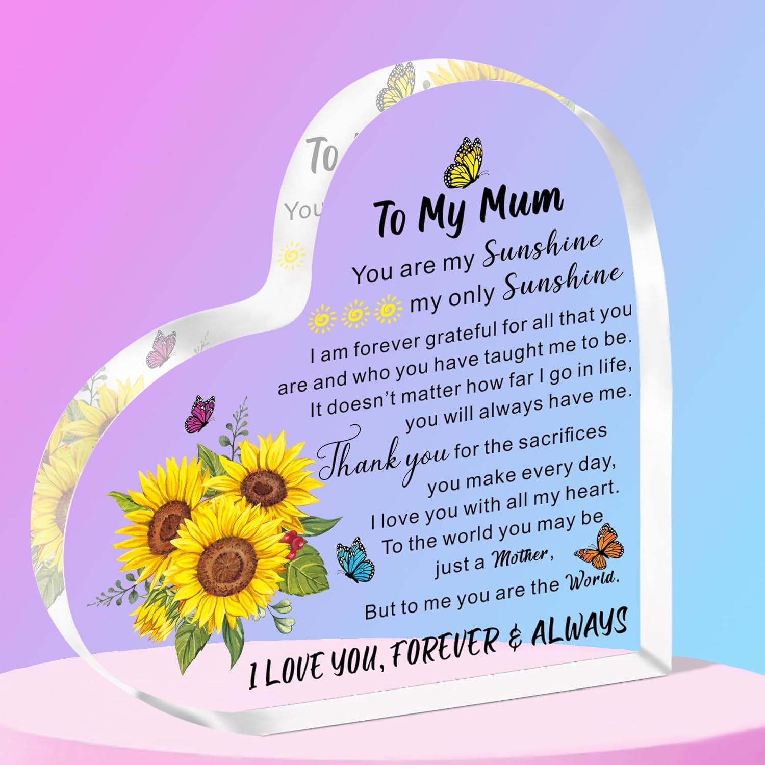 SMARGO Gifts for Mum acrylic Mum birthday sign / heart plaque