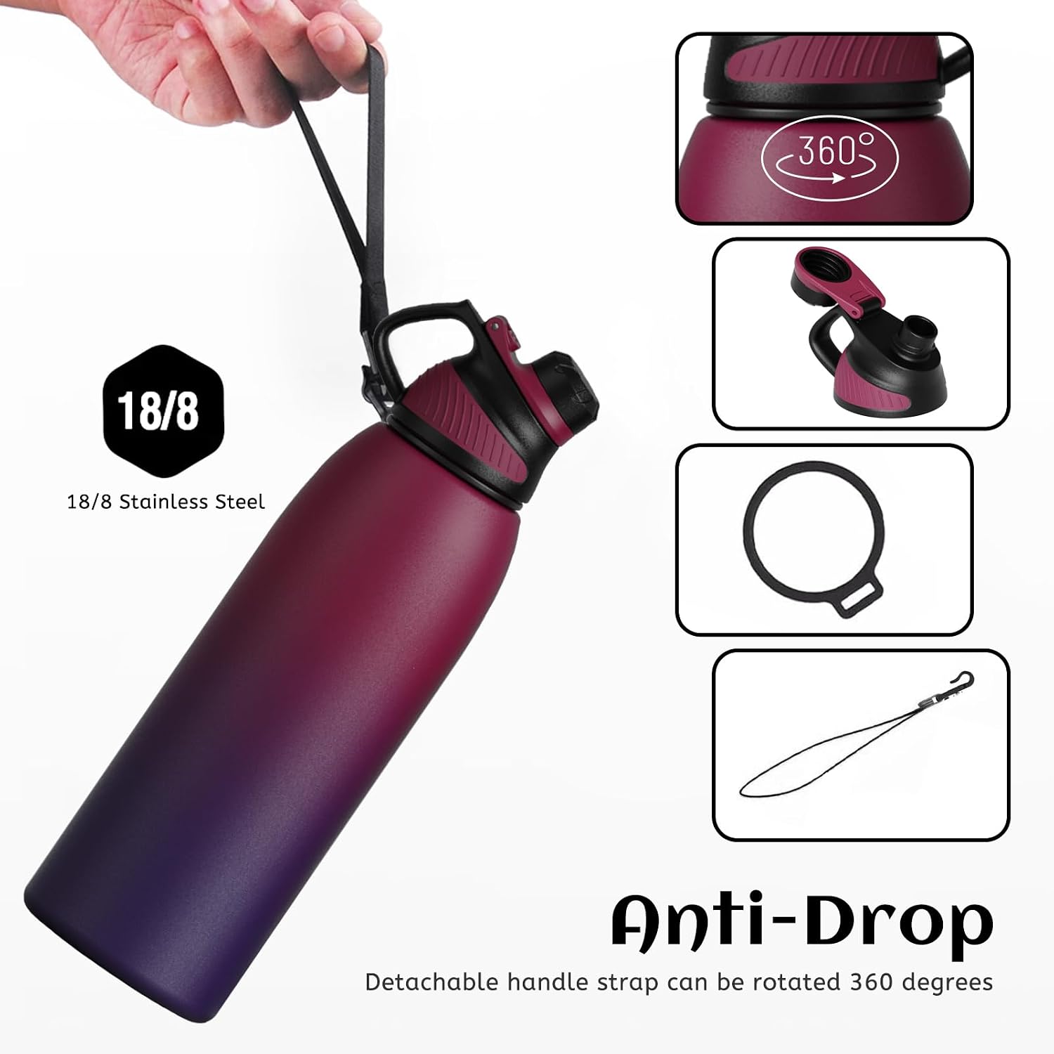 Detalle de Fjbottle stainless steel insulated water bottle with magnetic lid (BPA free, leak-proof) – 600ml to 1.5L