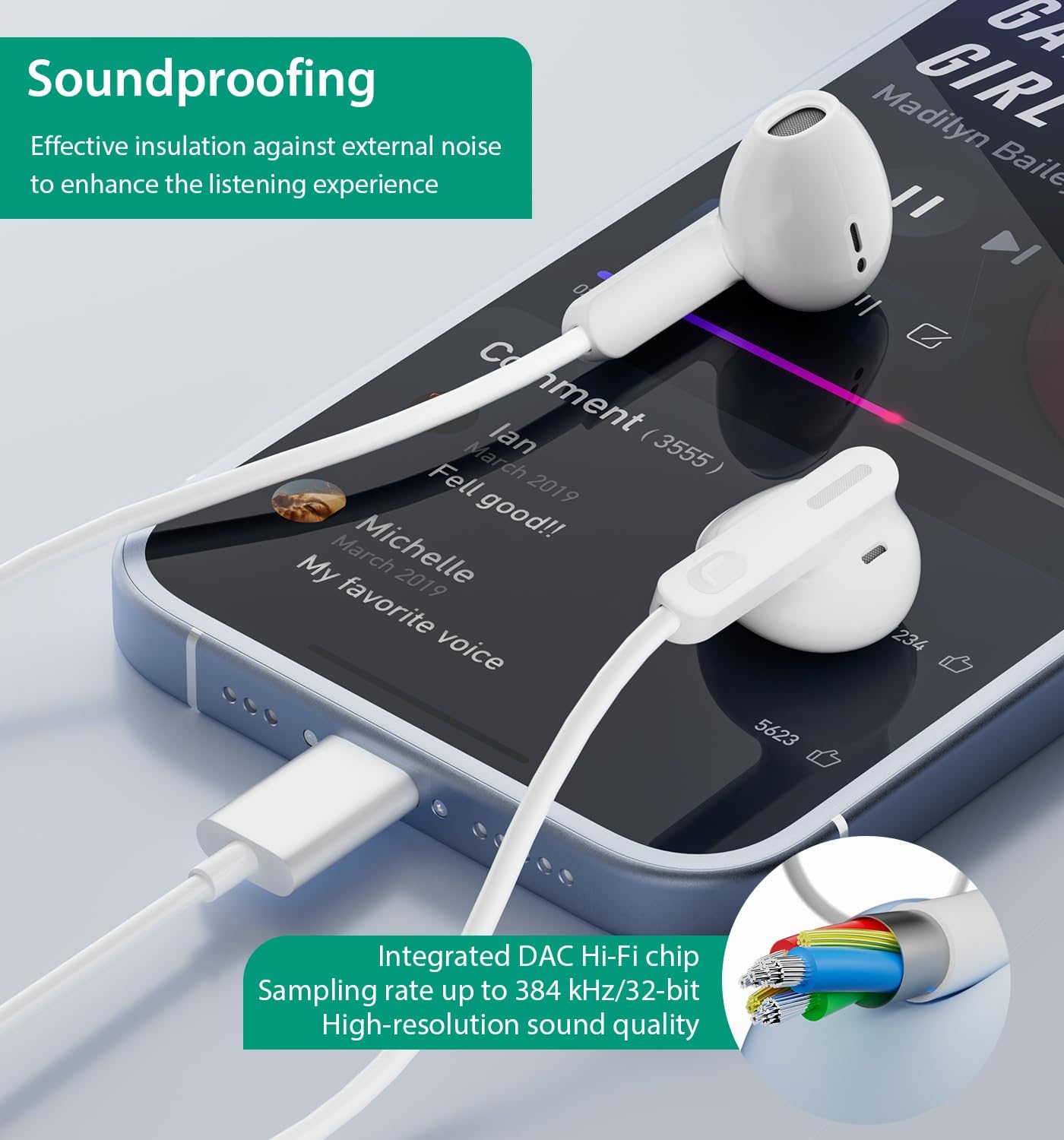 Thumbnail 5 de USB C Earphones with Mic for iPhone, Samsung and more – Wired Type-C Headphones (White)