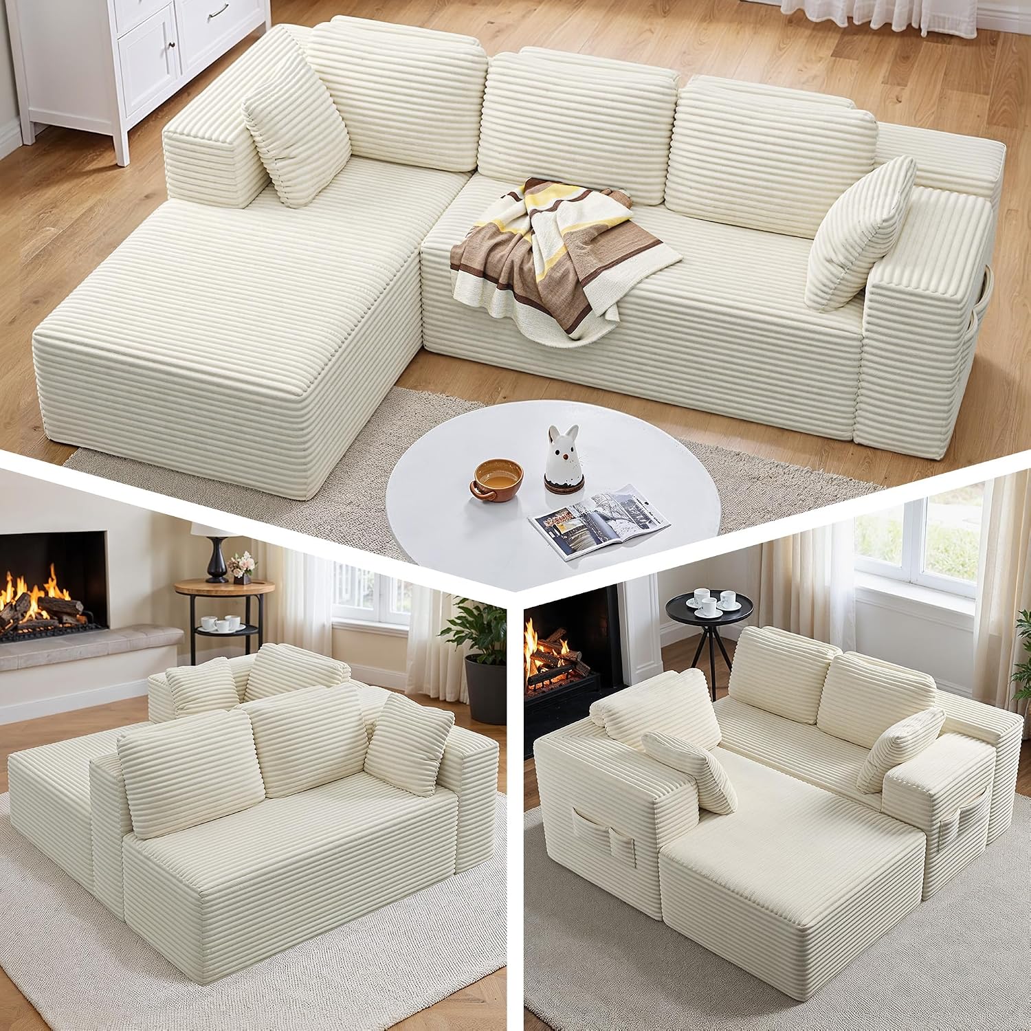 Detalle 2 de Xbro Hoekbank, 3-zits L-bank met longchair links in beige ribstof