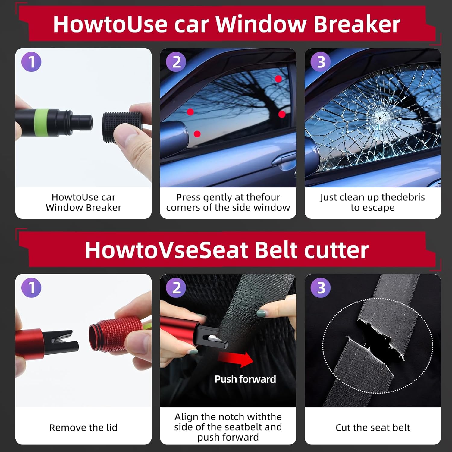 Thumbnail 5 de muhogxio 2-in-1 Gurtschneider-Notfallhammer mit Testglas – Sicherheits-Hammer fürs Auto (schwarz)