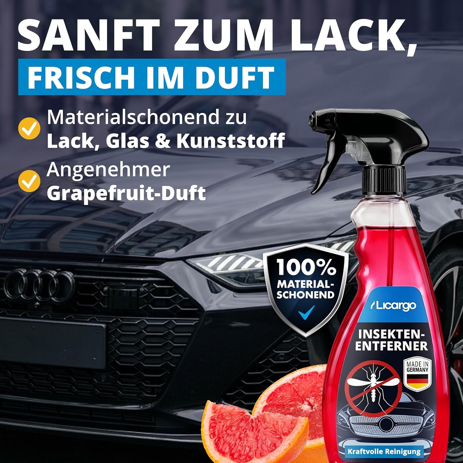 Detalle de LICARGO Insektenentferner Auto 750 ml – Insekten-, Vogelkot- und Flugrostentferner für Glas, Lack, Chrom & Kunststoff