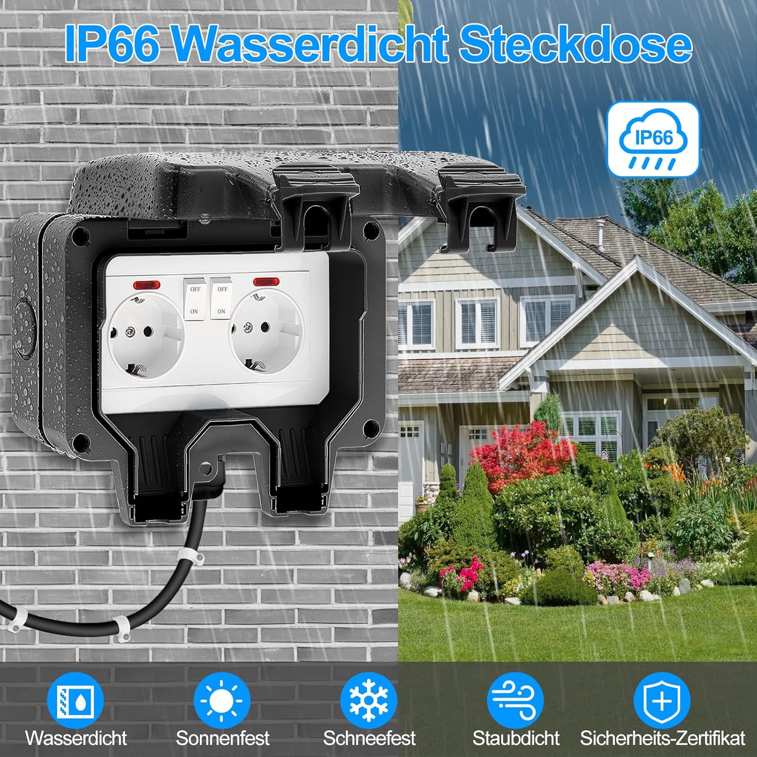 Thumbnail 1 de Außensteckdose IP66 Wasserdicht mit Schalter und Kontrollleuchte – Aufputz Wandsteckdose für Innen/Außenbereich