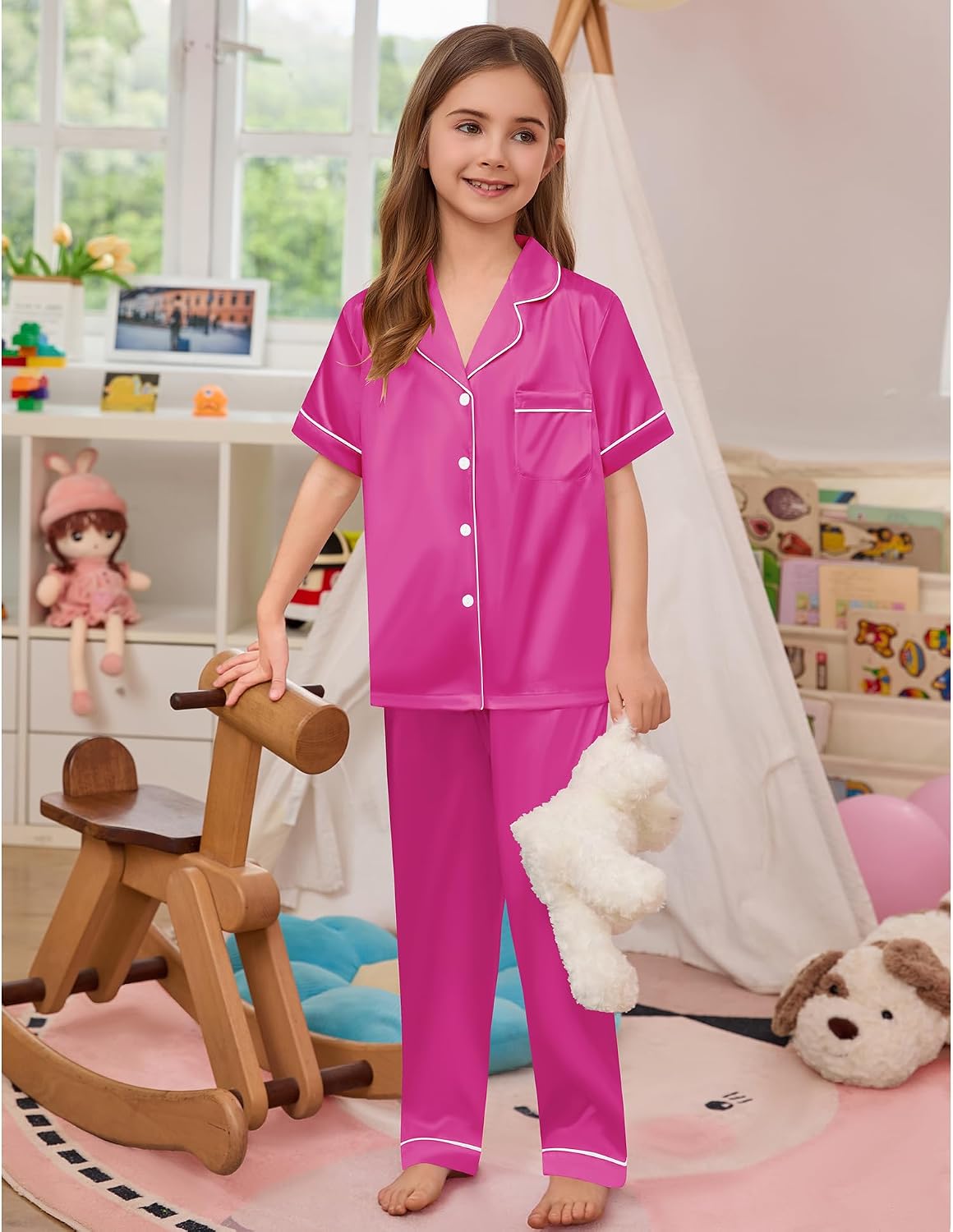 Thumbnail 2 de SWOMOG Kid's Silk Pyjamas 3-Piece Satin Sleepwear Set for 4–16 Years