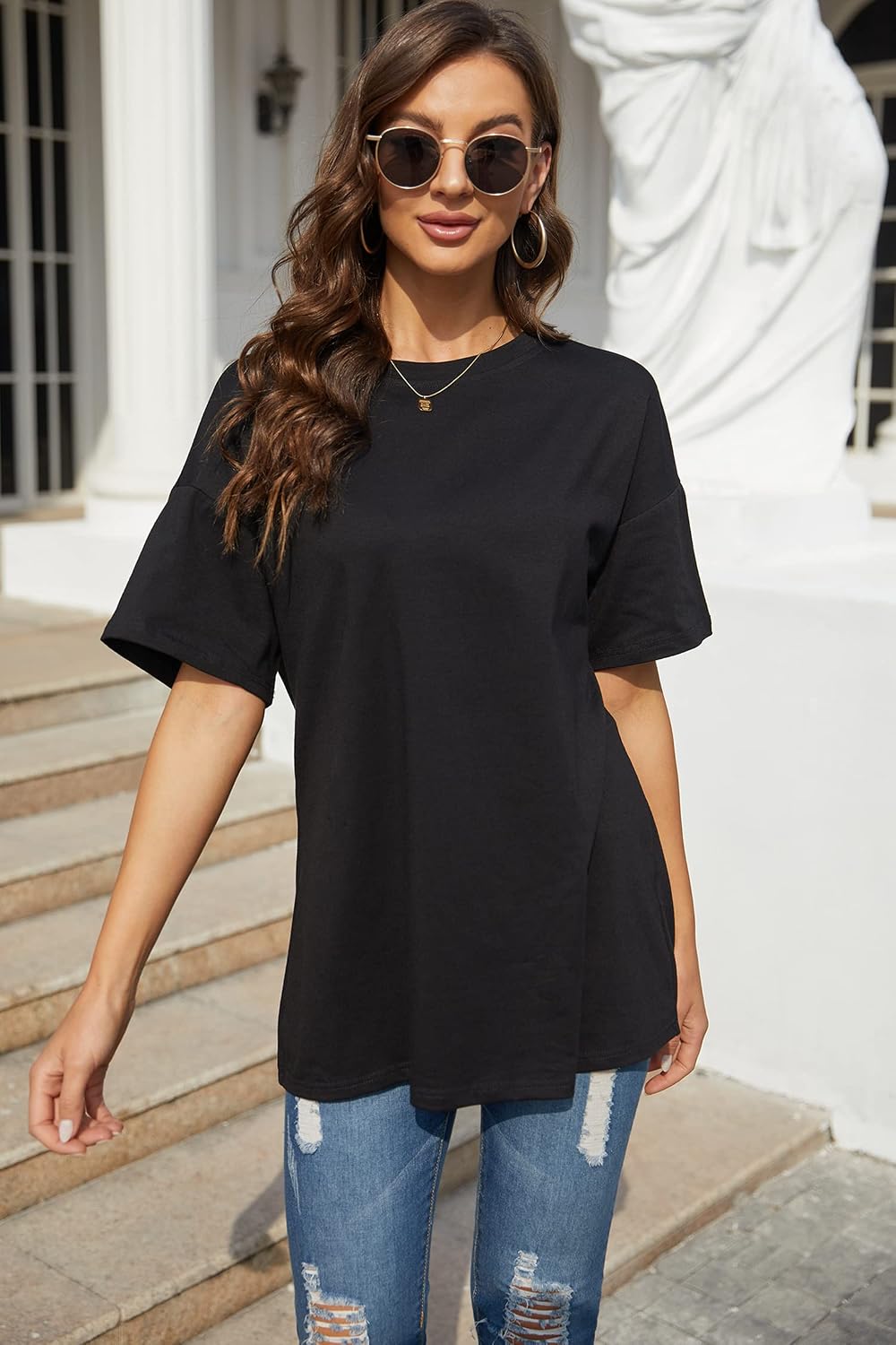 Detalle de Ebifin Damen Oversize Rundhals Kurzarm – Casual Sommer T-Shirt im Boyfriend-Stil